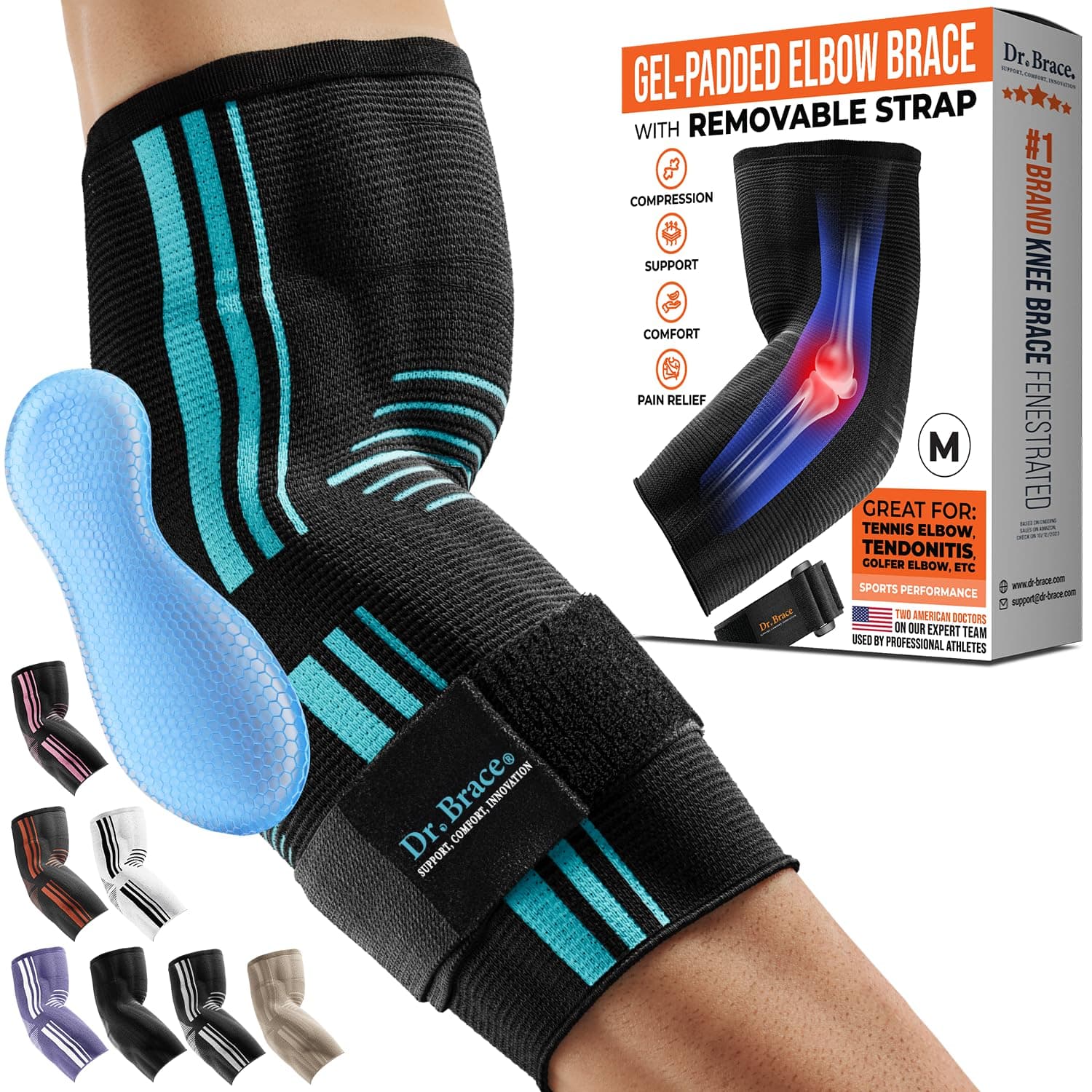 DR. BRACE® Elite Elbow Brace Support, Breathable Elbow Compression Sleeve with Gel Pad for Golfer's, Tennis Elbow & Tendonitis Treatment & Pain Relief 2024 (Black-Blue, Medium)