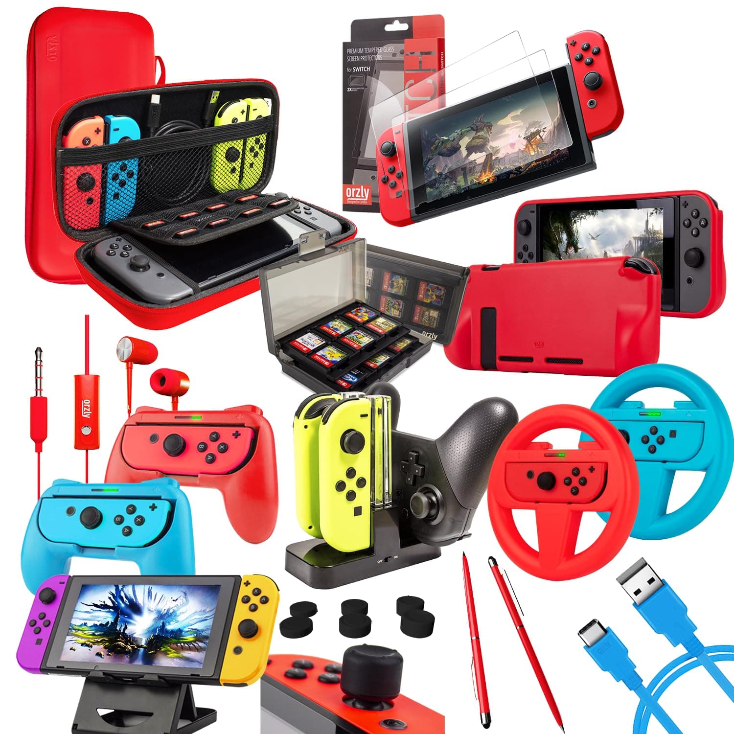 Orzly Accessories Bundle Compatible with Nintendo Switch & OLED Case & Screen Protector, Joycon Grips & Racing Wheels, Controller Charge Dock, Comfort Grip Case & More - Geek Pack ColorPop