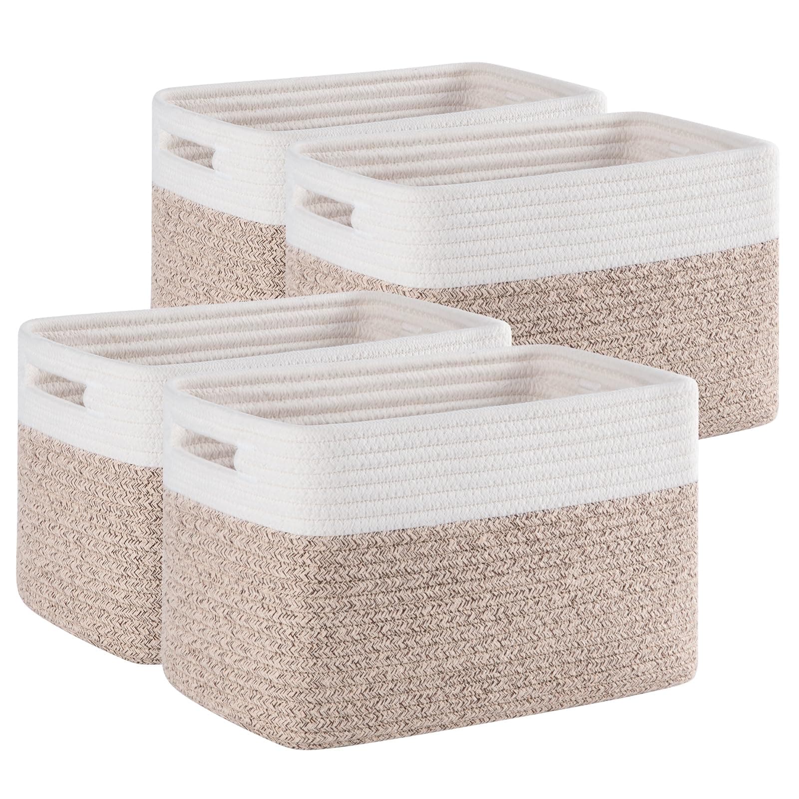 4 Pack Storage Baskets for Organizing, Woven Baskets for Shelves - Perfect for Toys, Books, Towels, and Clothes, Durable Gift Basket Bins Toy Storage, 12.7''Lx9''Wx7.8''H, Brown & White