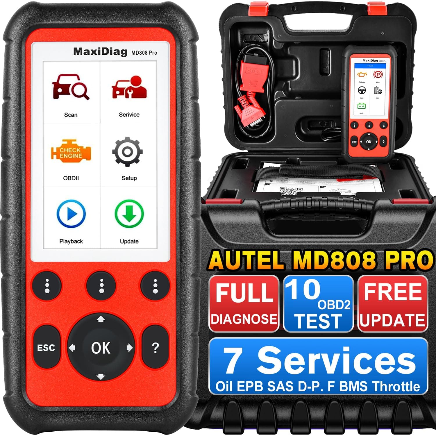 MaxiDiag MD808 PRO OBD2 Scanner, All System Diagnostic Scan Tool, Upgraded of MD806 MD802, 7 Hottest Special Service, Oil Reset, EPB, SAS, BMS, Throttle, Free Lifetime Update, Multilingual