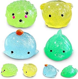 4 Pcs Jumbo Glitter Mochi Squishy Toys for Kids Party Favors, Kawaii Squishies, Sea Animals Sensory Toys for Classroom Prizes, Easter Basket and Goodie Bag Stuffers, Stress Balls Squeeze Toys