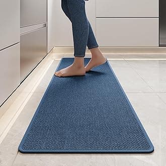 Kitchen Mats for Floor, Super Absorbent Kitchen Rugs Non Slip Washable, Soft Imitation Linen Braided Kitchen Runner Rug, Standing Mat Sink Mat, Easy to Clean, Blue 17x59