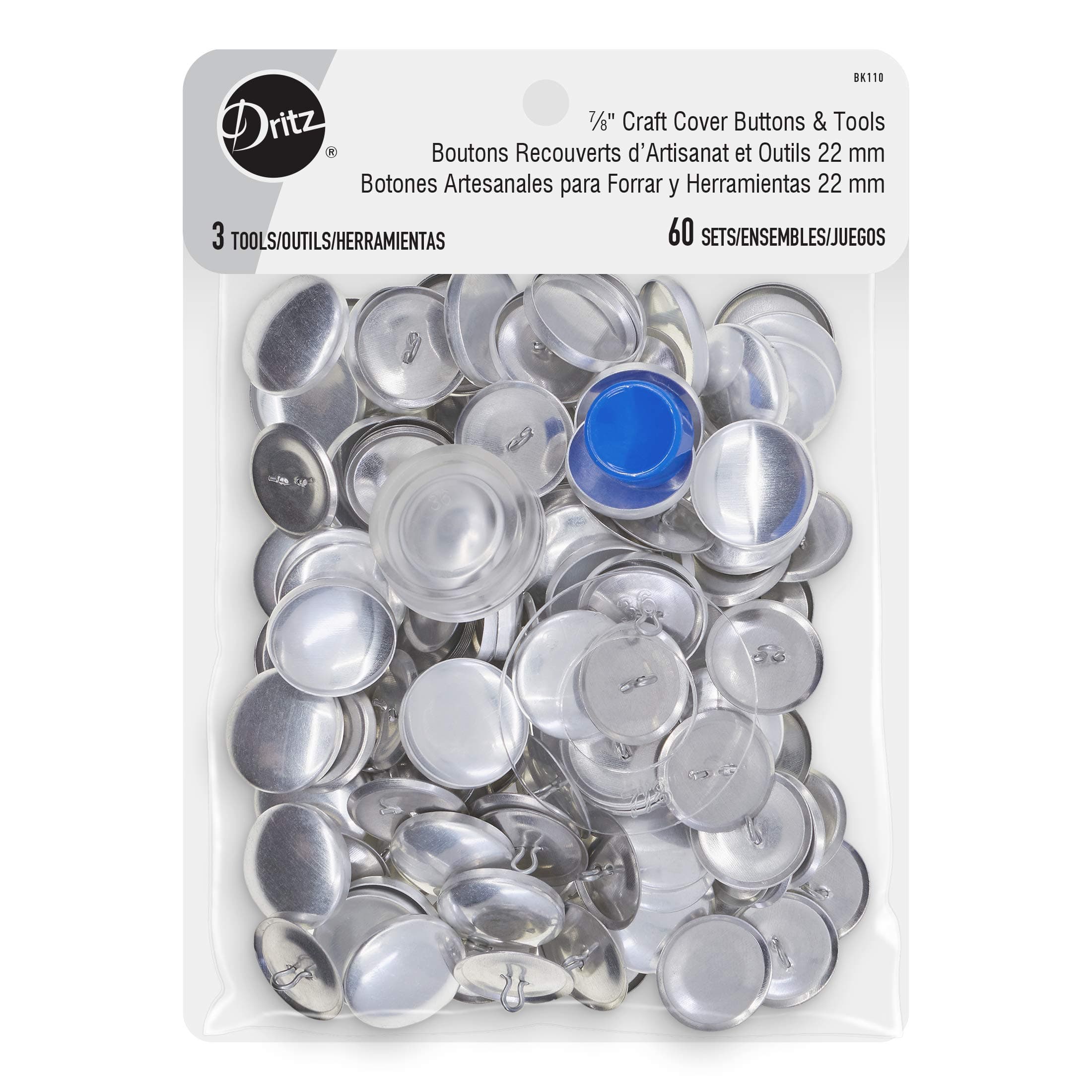Cover Button Kit Size 36 Includes Template, Tools & Buttons Fasteners, 7/8", 60ct, None, Nickel