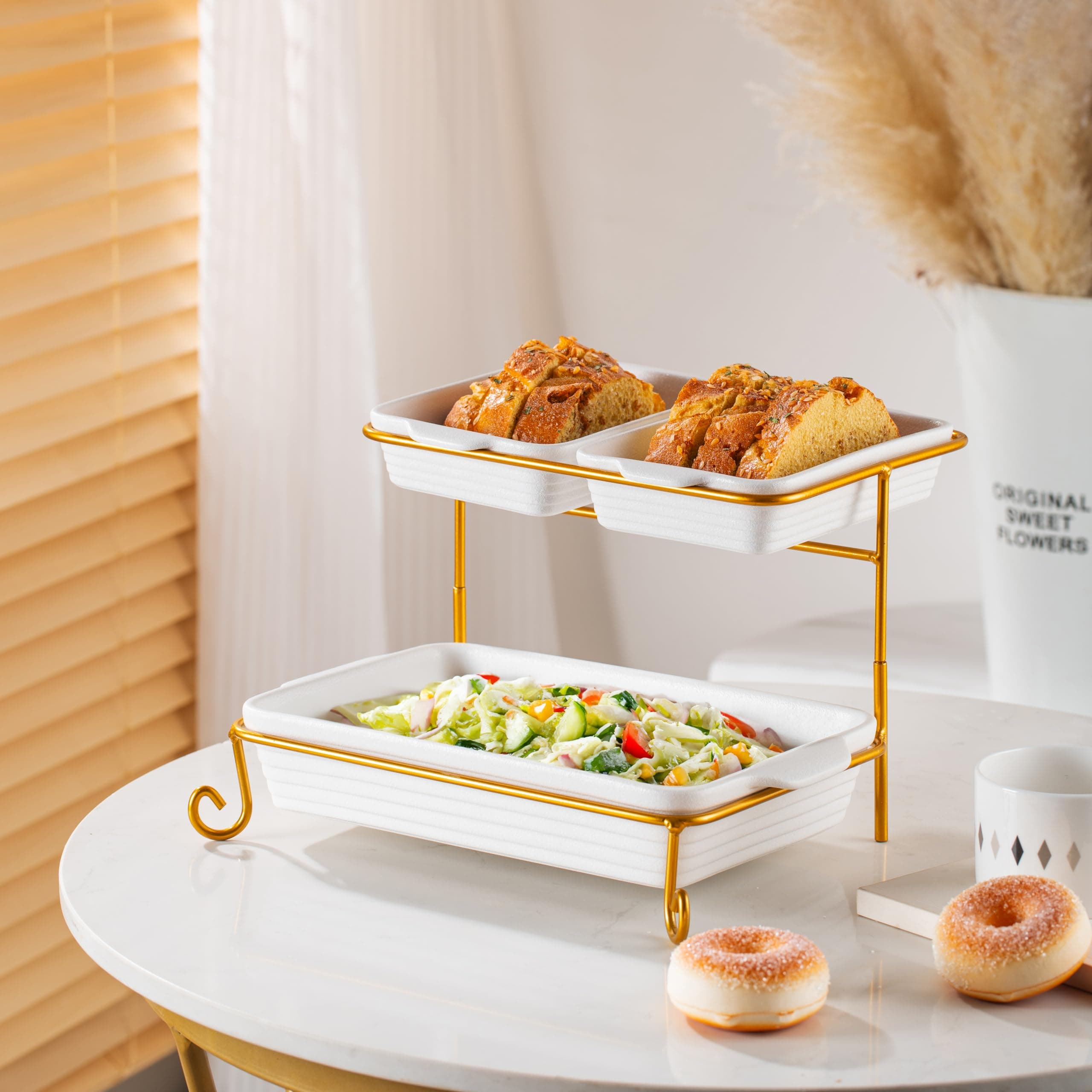 Bone China Shallow Porcelain 2-Tier Rectangular Serving Set with Gold Stand Rack - 2x 20cm and 30cm