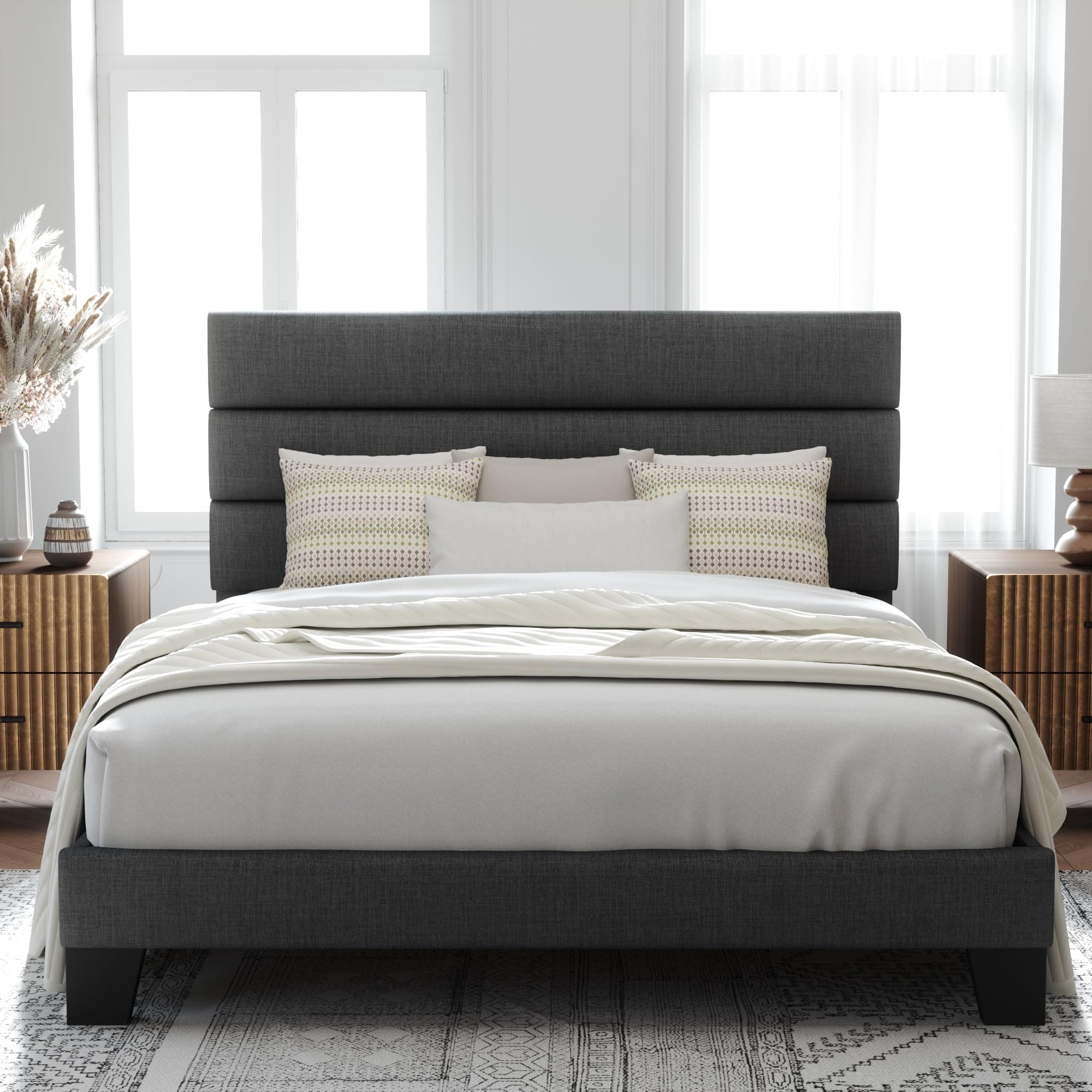 Allewie Full Size Platform Bed Frame with Fabric Upholstered Headboard and Wooden Slats Support, Fully Upholstered Mattress Foundation/No Box Spring Needed/Easy Assembly, Dark Grey
