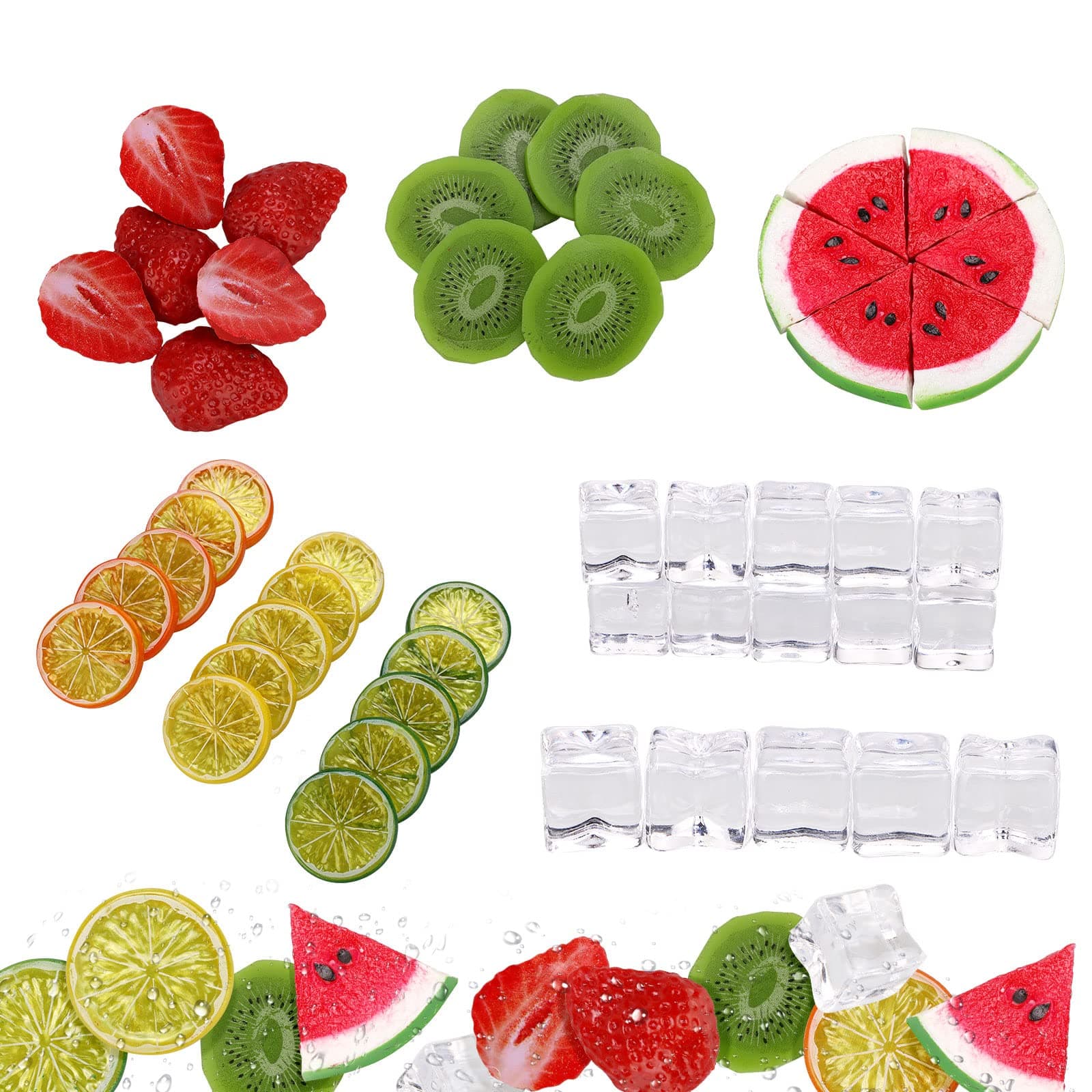 keebgyy 48Pcs Fake Fruit Plastic Fruit Set, Mixed Artificial Fruit Slices Fake Lemons,Kiwi,Strawberry,Watermelon and ICES Cubes for Home Kitchen Party Wedding Decor