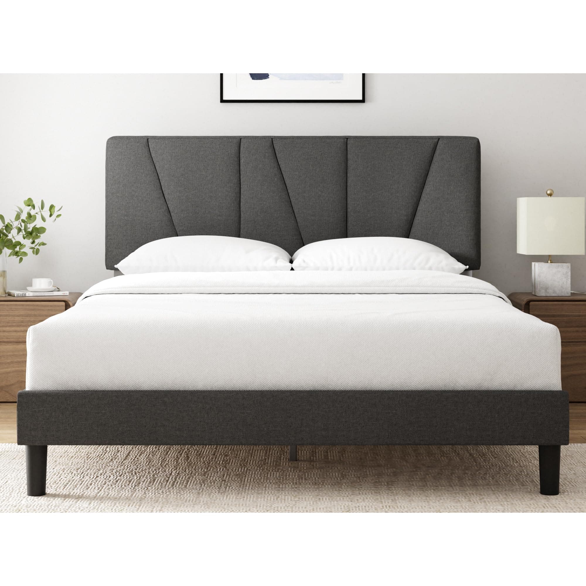 Queen Maya Upholstered Bed Frame with Asymmetric Headboard, Durable Wooden Slats, Sturdy Framework, Noise Free Sleep, No Box Spring Needed, Easy Assembly, Eco Friendly Packaging, Dark Grey