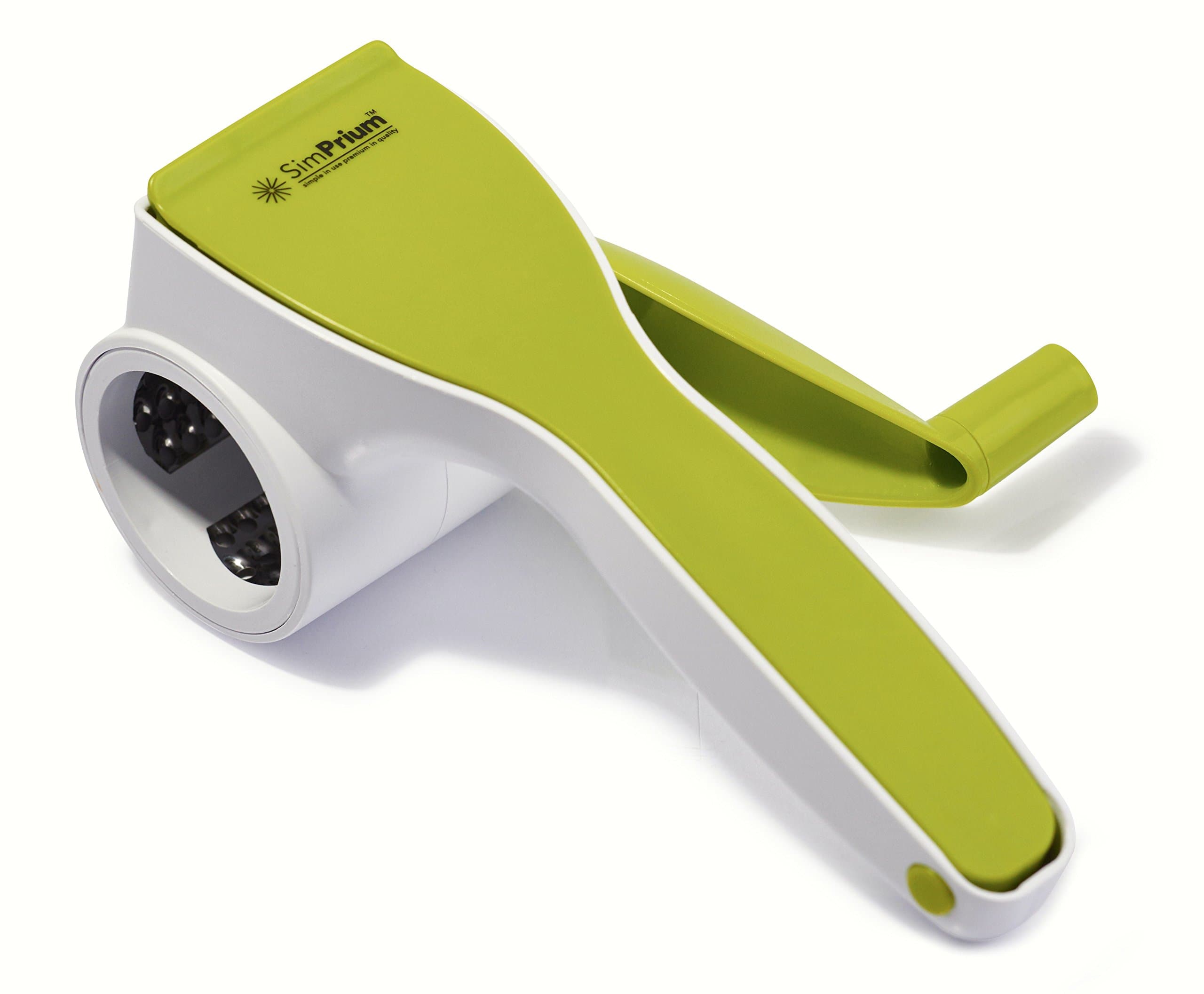SimPrium - Green Rotary Cheese Grater with 2 Interchangeable Razor Sharp Stainless Steel Blades - Best for Fine & Coarse Grating of Hard Cheeses, Chocolate & Nuts - Light Weight & Easy to Clean