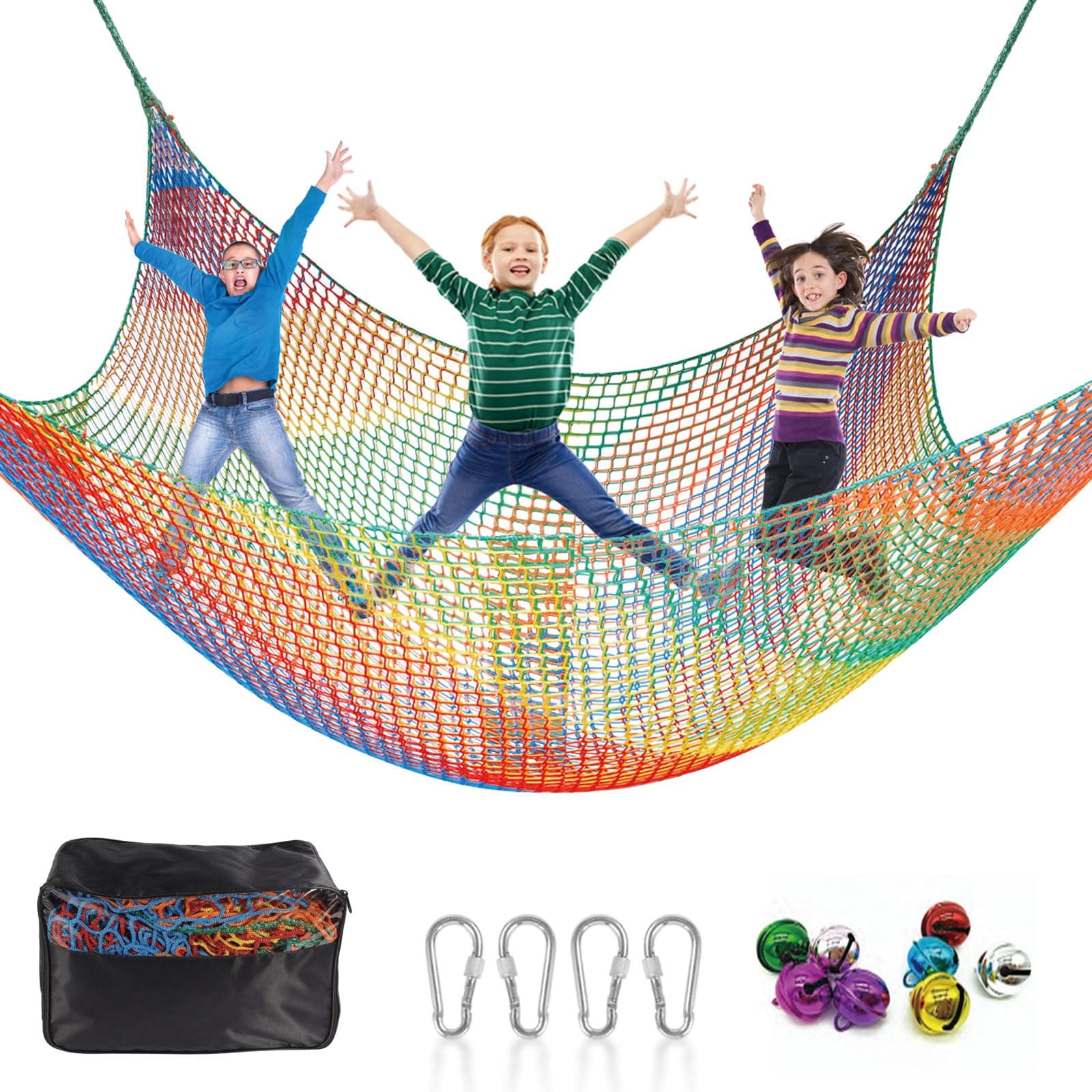 Kids Playground 9.8 x 9.8Ft Climbing Cargo Net - Kids Playground Safety Net,Polyester Double Layers Rope Bridge Net for Tree House and Outdoor Adventure（Rainbow）