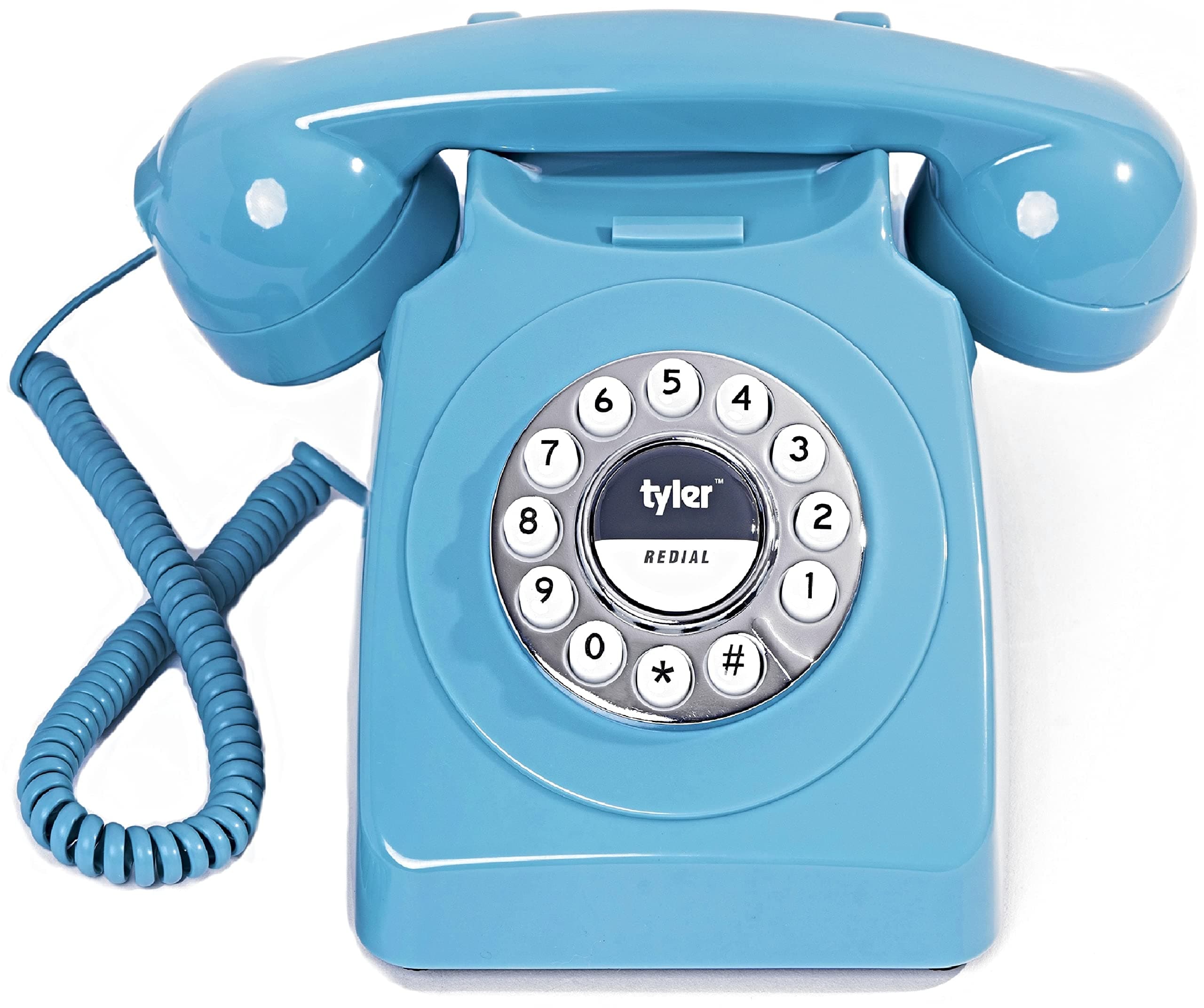 Tyler Retro Style Landline Phone, Push Button Rotary Look, Large Button Vintage Corded Phone, Power Outage Safe, Redial Button, Old Classic Retro Phone (Retro Blue)