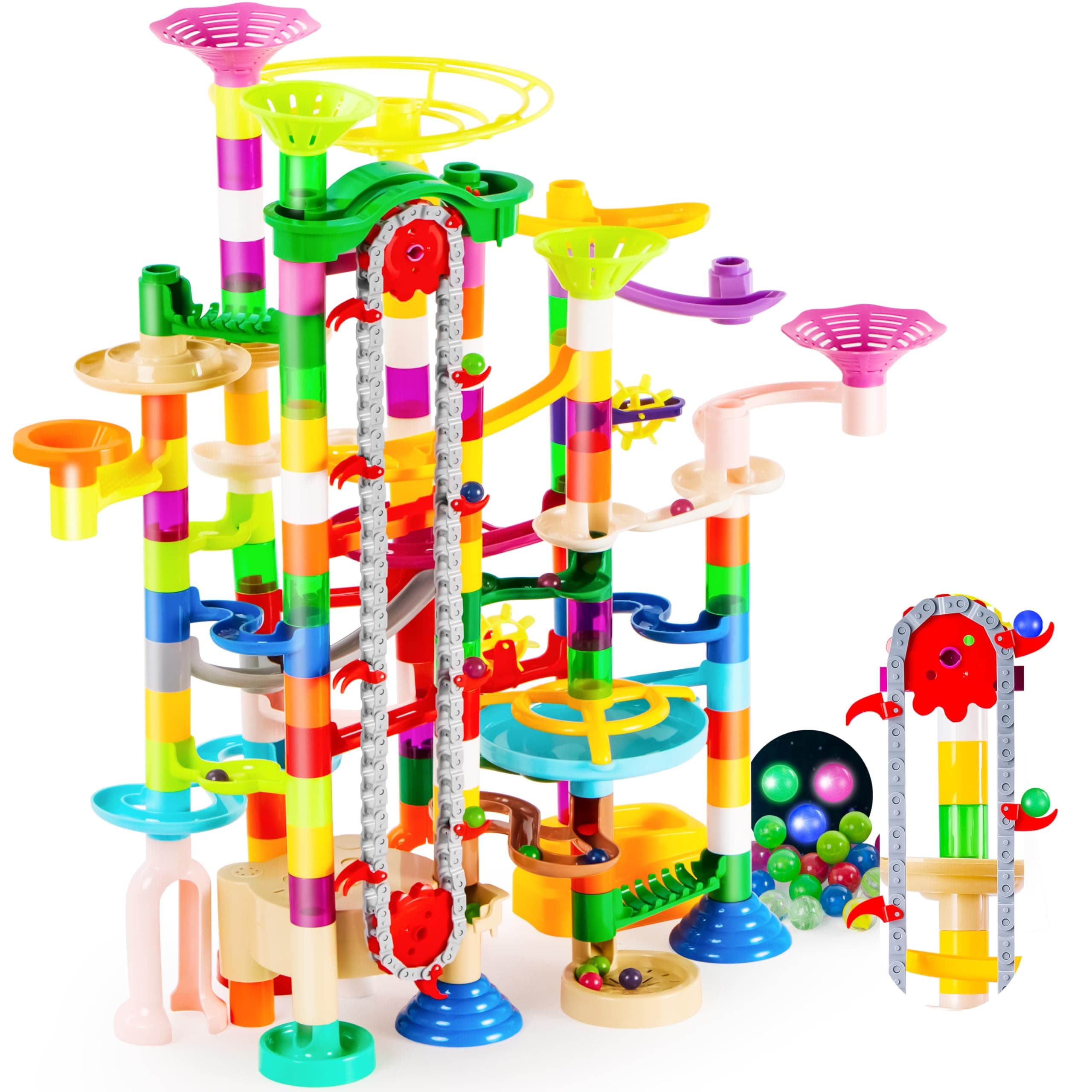 236Pcs Glowing Marble Run with Motorized Elevator- Construction Building Blocks Toys with 30 Glow in The Dark Plastic Marbles, STEM Toy for Boys and Girls, Birthday Gift, Easter Basket Stuffers