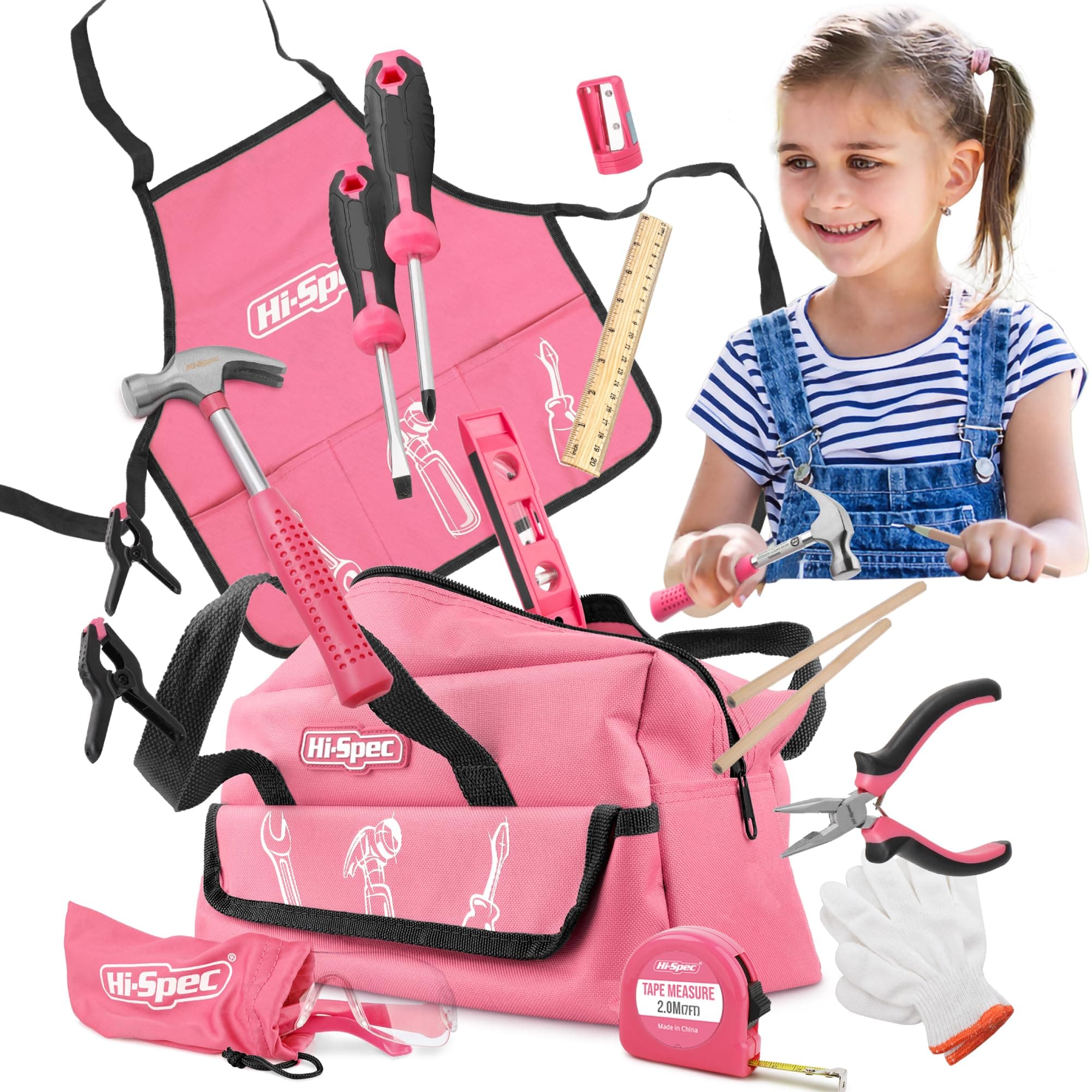 Hi-Spec Kids Real Tool Set with Pink Tool Bag and Accessories - Genuine Metal DIY Tools for Hands-On Learning and Building Projects - Perfect for Starters and Beginners