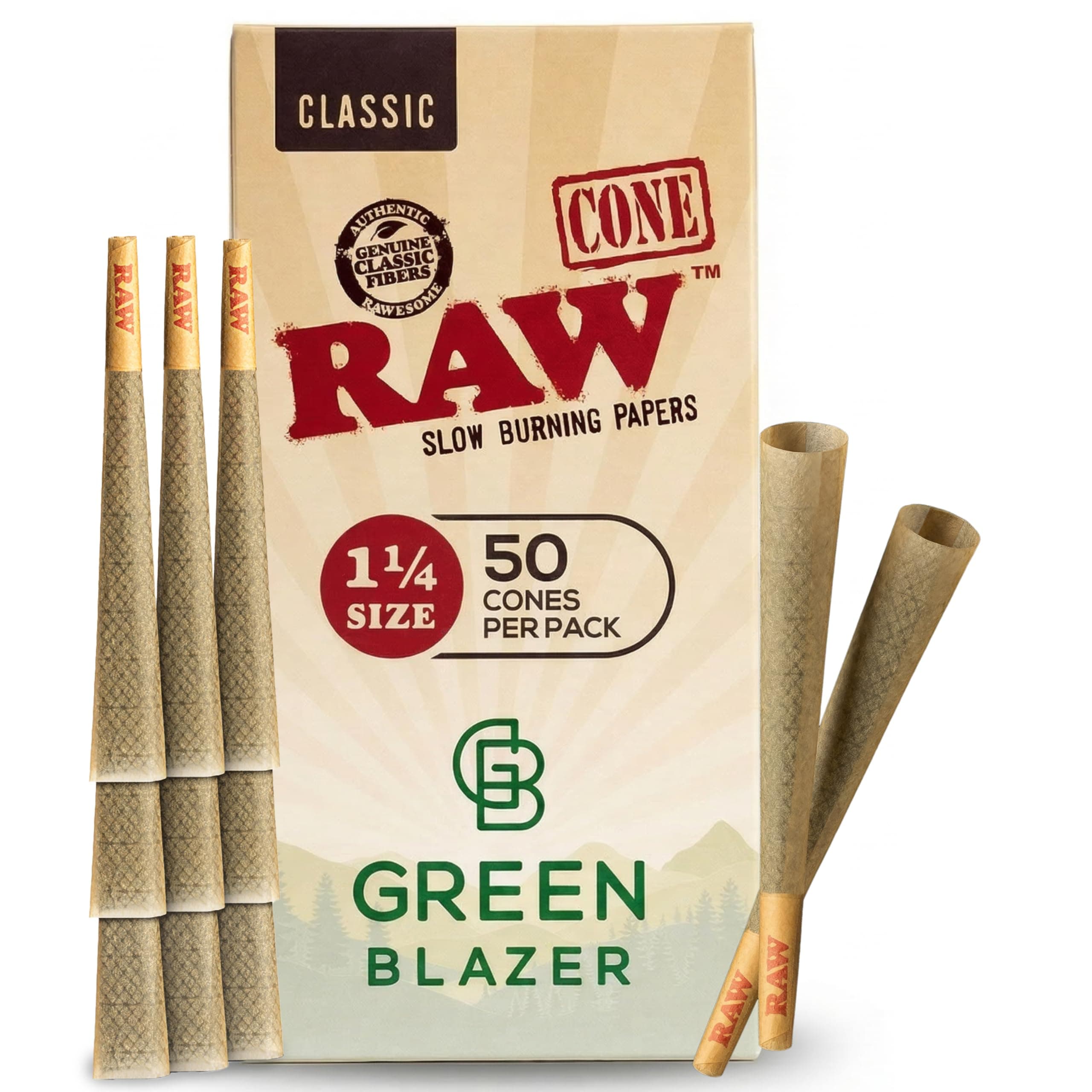 RAW Cones 1 1/4 Size: 50 Pack Patented Slow Burning Pre Rolled Rolling Papers & Tips, Classic Raw Paper, 84mm