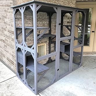 Aivituvin Catio Outdoor Cat Enclosure with 7 Platforms, 2 Resting Boxes, Large Window Cat House for 6-8 Mulitiple Cats Walk in Kitty Cage with Weatherproof Tarp Roof 71"