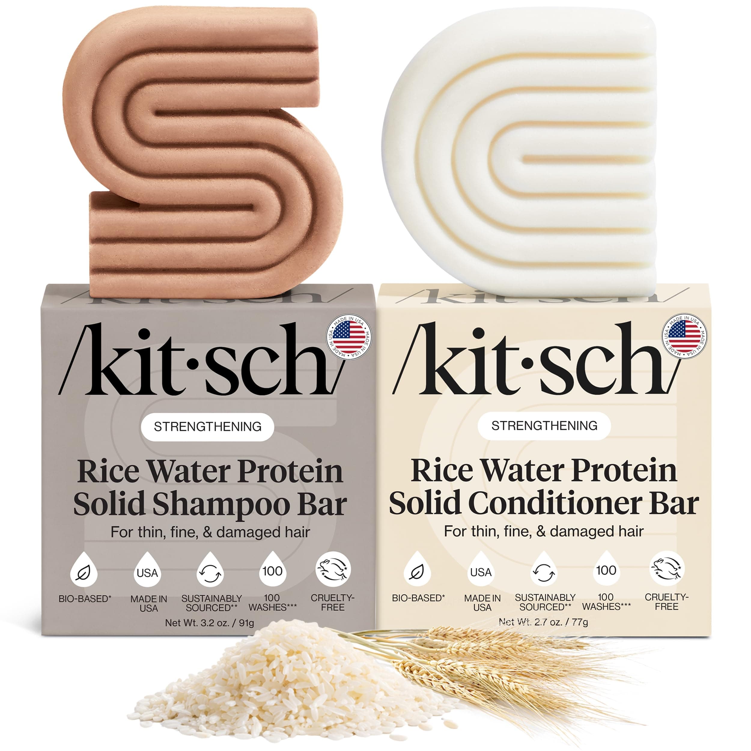 Kitsch Rice Water Shampoo & Conditioner Set - Solid Shampoo Bar & Conditioner Bar with Protein for Strengthening & Damage Repair - Paraben, Sulfate and Silicone Free - Nourishing Hair Care Set, 2pcs