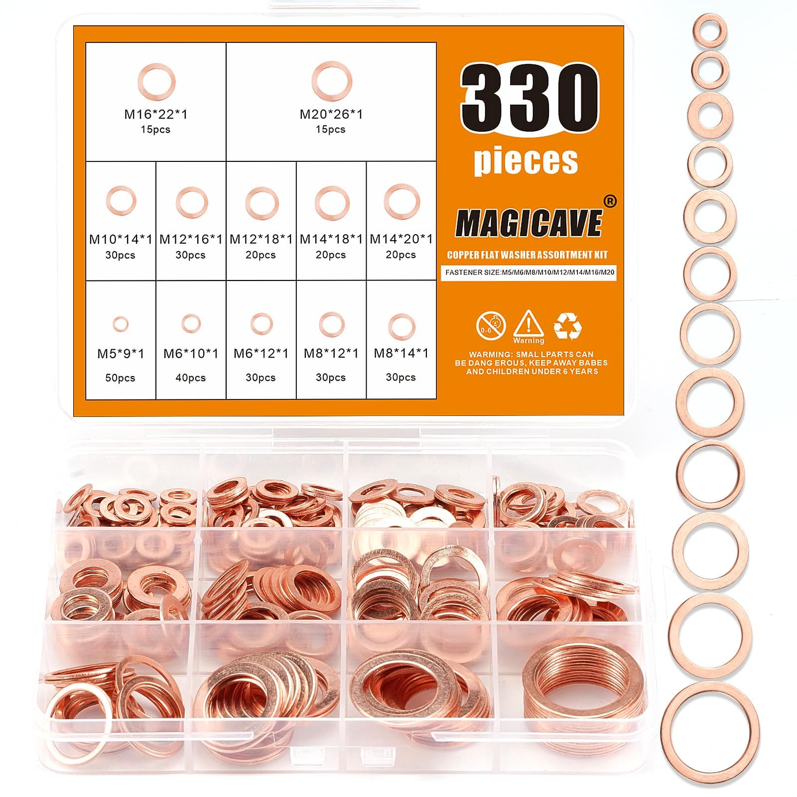 330 Pcs Copper Washers Assortment Kit – 12 Sizes Flat Sealing Crush Washers (M5-M20) for Automotive, Plumbing, and Mechanical Use
