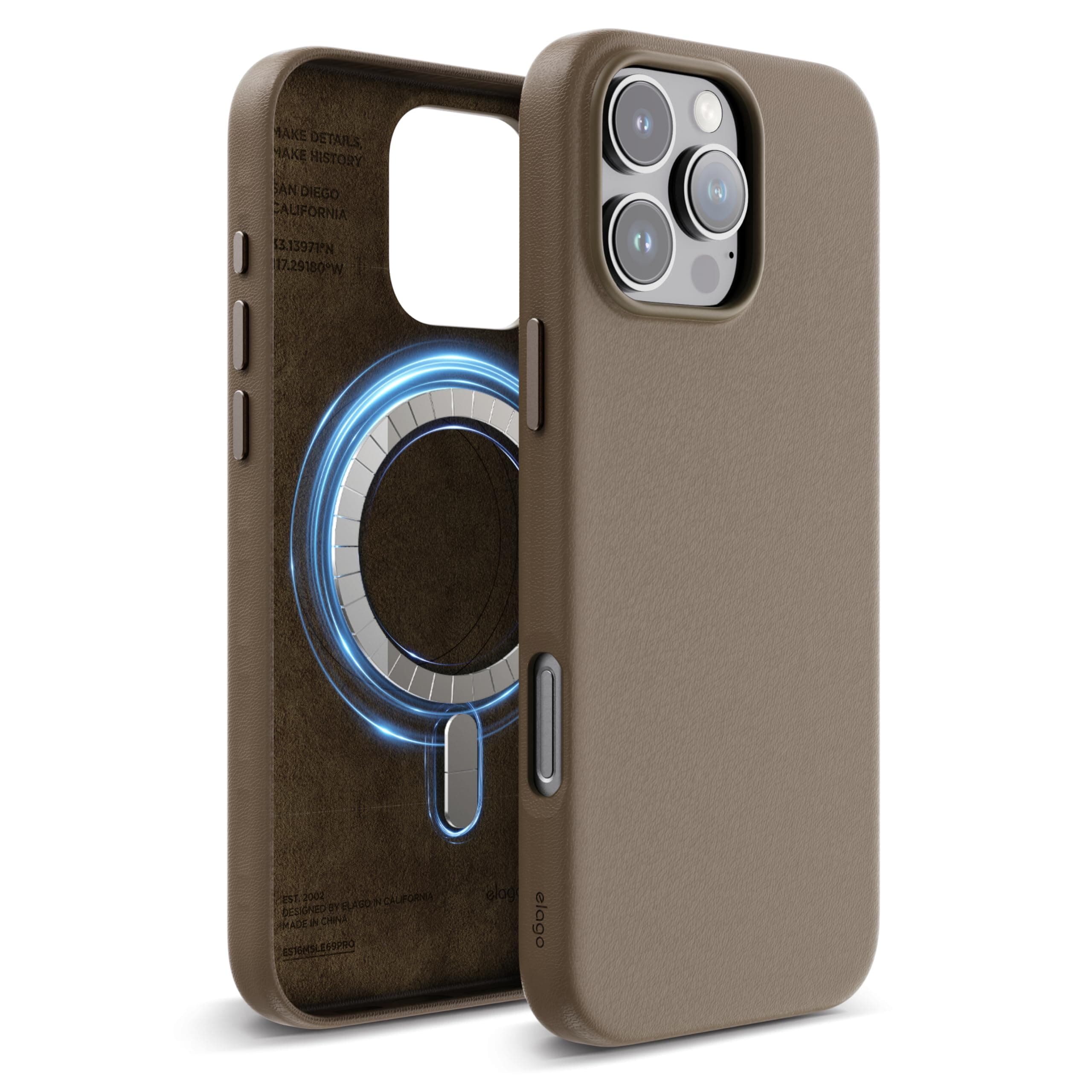 elago Magnetic Leather case for iPhone 16 Pro MAX Compatible with MagSafe, Vegan Leather, Shockproof, Water-Resistant - Taupe