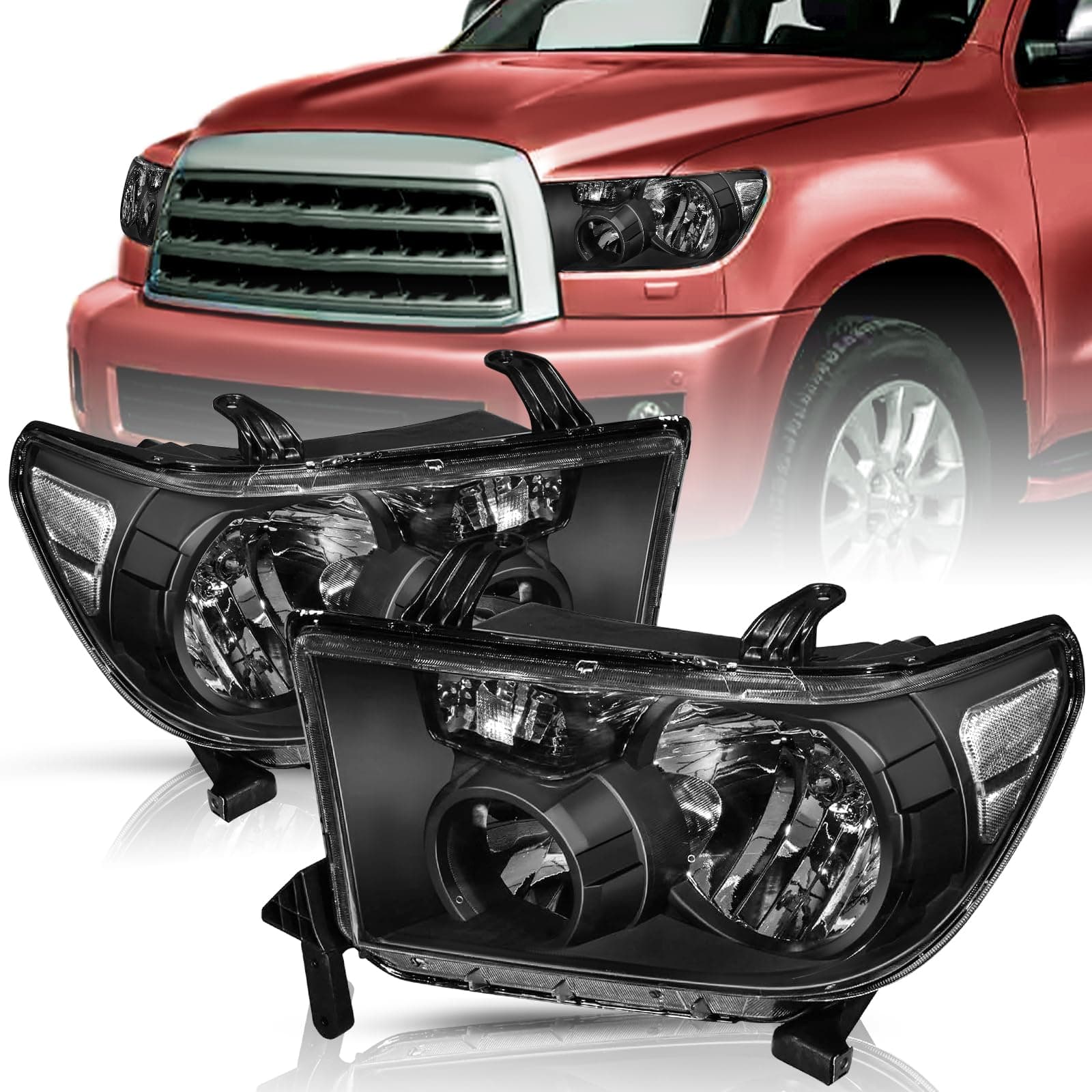 Headlight Assembly Replacement for 2007 2008 2009 2010 2011 2012 2013 Tundra / 2008-2017 Sequoia Driver and Passenger Side Black Housing, NOT fit for 09-12 Tundra with Level Adjuster