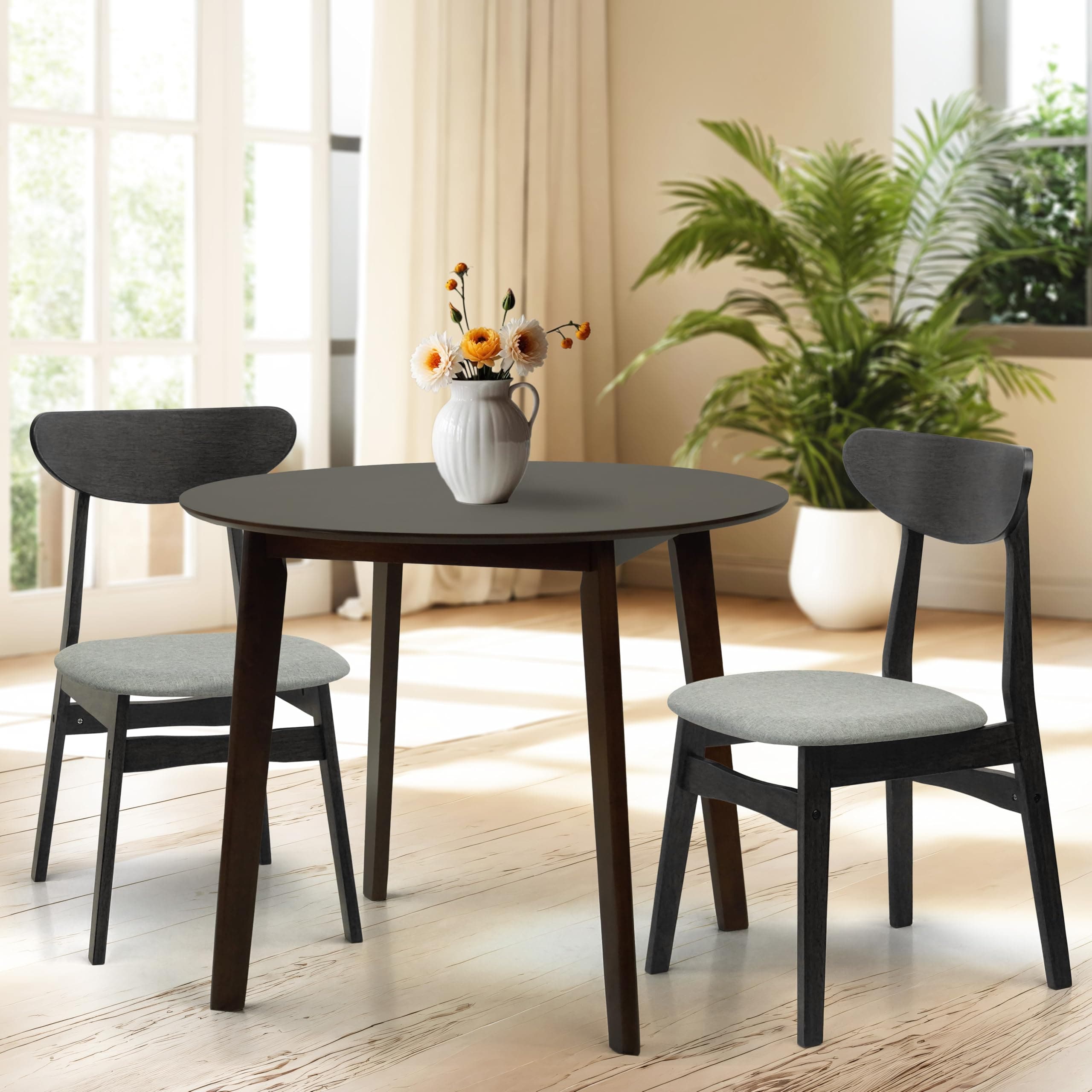 Wickerix Set of 3 Dining Kitchen Round Table and 2 Yumiko Side Chairs Solid Wood w/Padded Seat