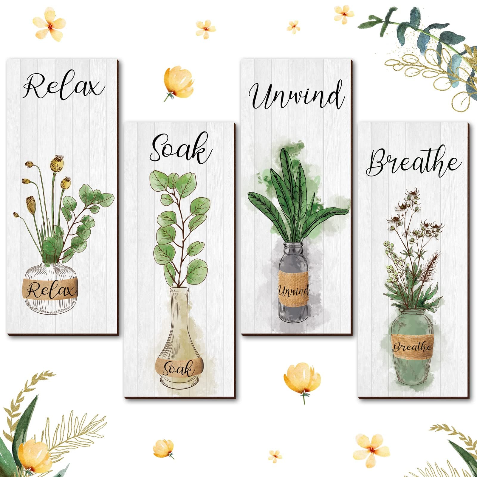 Gerrii 4 Pcs Boho Botanical Bathroom Wall Decor Relax Soak Unwind Breathe Bathroom Wall Art Farmhouse Wall Decor Minimalist Wooden Signs for Home Laundry Decor, 10 x 4 Inch (Eucalyptus Leaves)