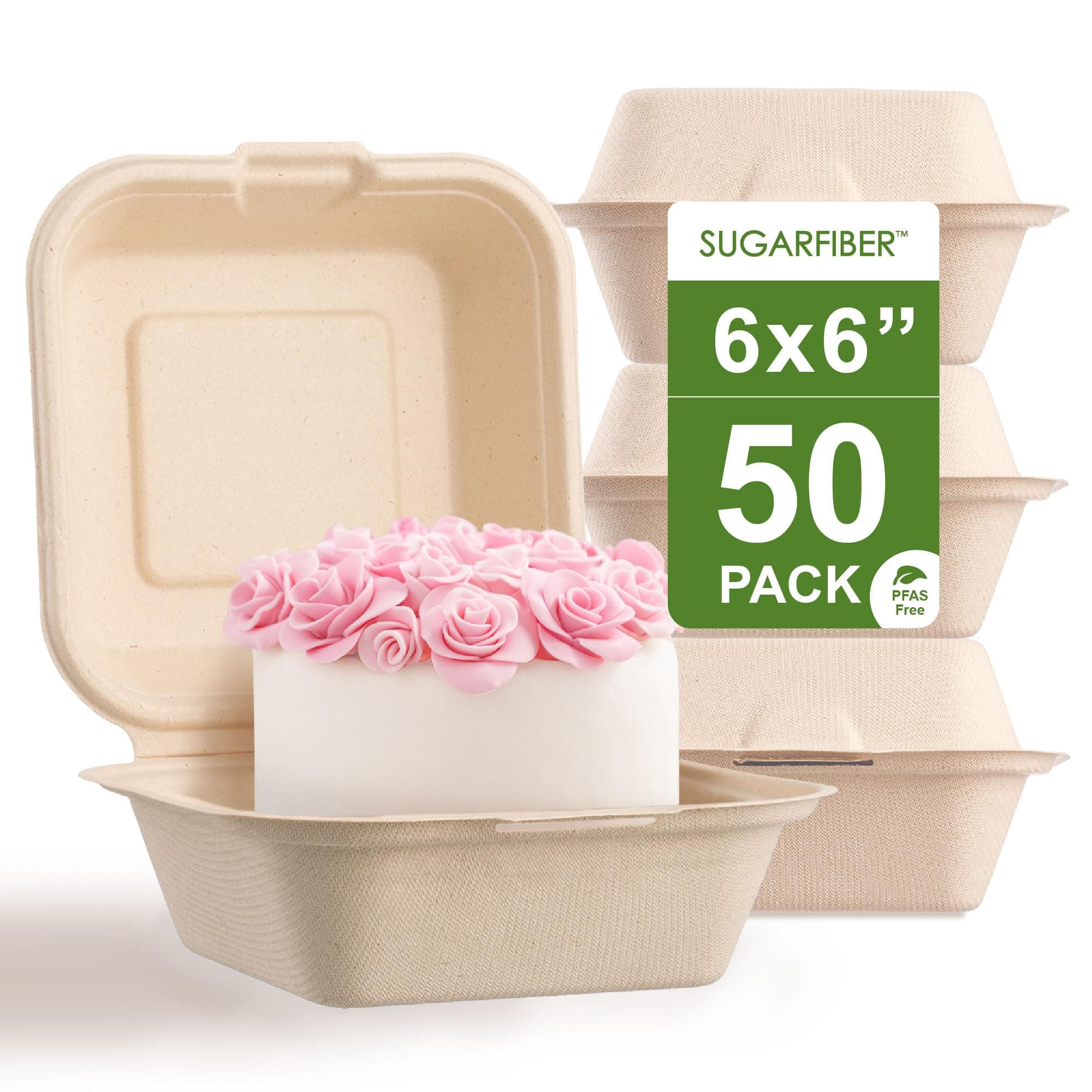 [50 COUNT]Harvest Pack PFAS FREE 6 X 6" Compostable Clamshell Take Out Food Containers, Single Compartment To go Container, Square Heavy-Duty Bagasse Bento Cake Box, from Eco-Friendly Sugarcane Fibers