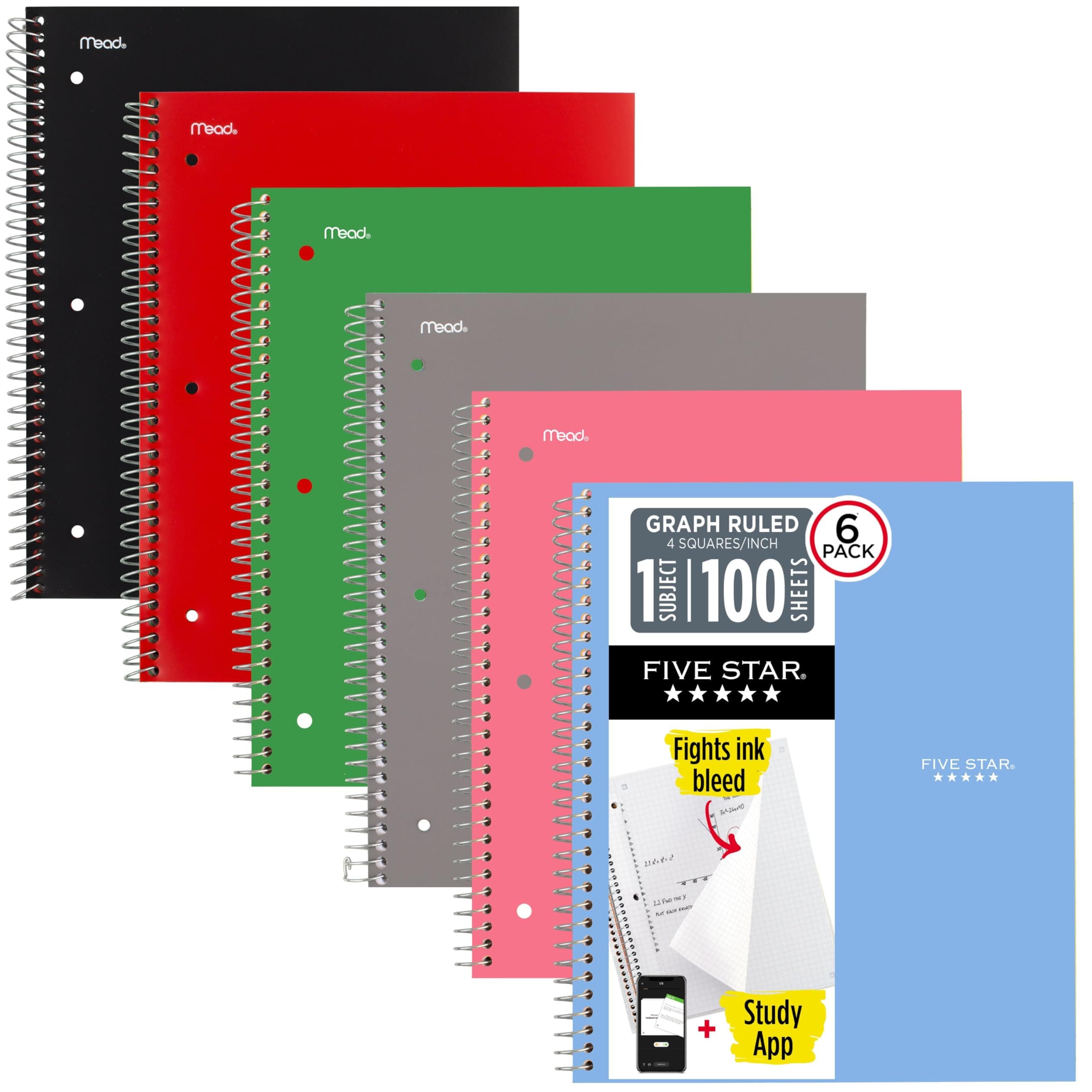Spiral Notebooks, 6 Pack, 1-Subject, Graph Ruled Paper, 27.9 cm X 21.6 cm, 100 Sheets, Assorted Colors Will Vary (73549)