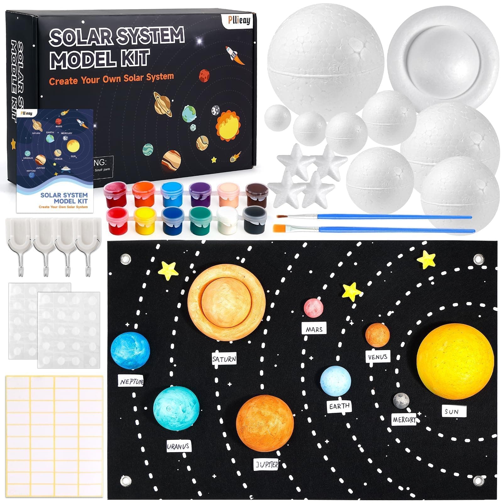 Solar System Model Kit for School Science Projects, DIY Felt Backdrop Solar System Project Kit Includes Felt Background Plate, Mixed Size Foam Balls, Acrylic Color for Space Education