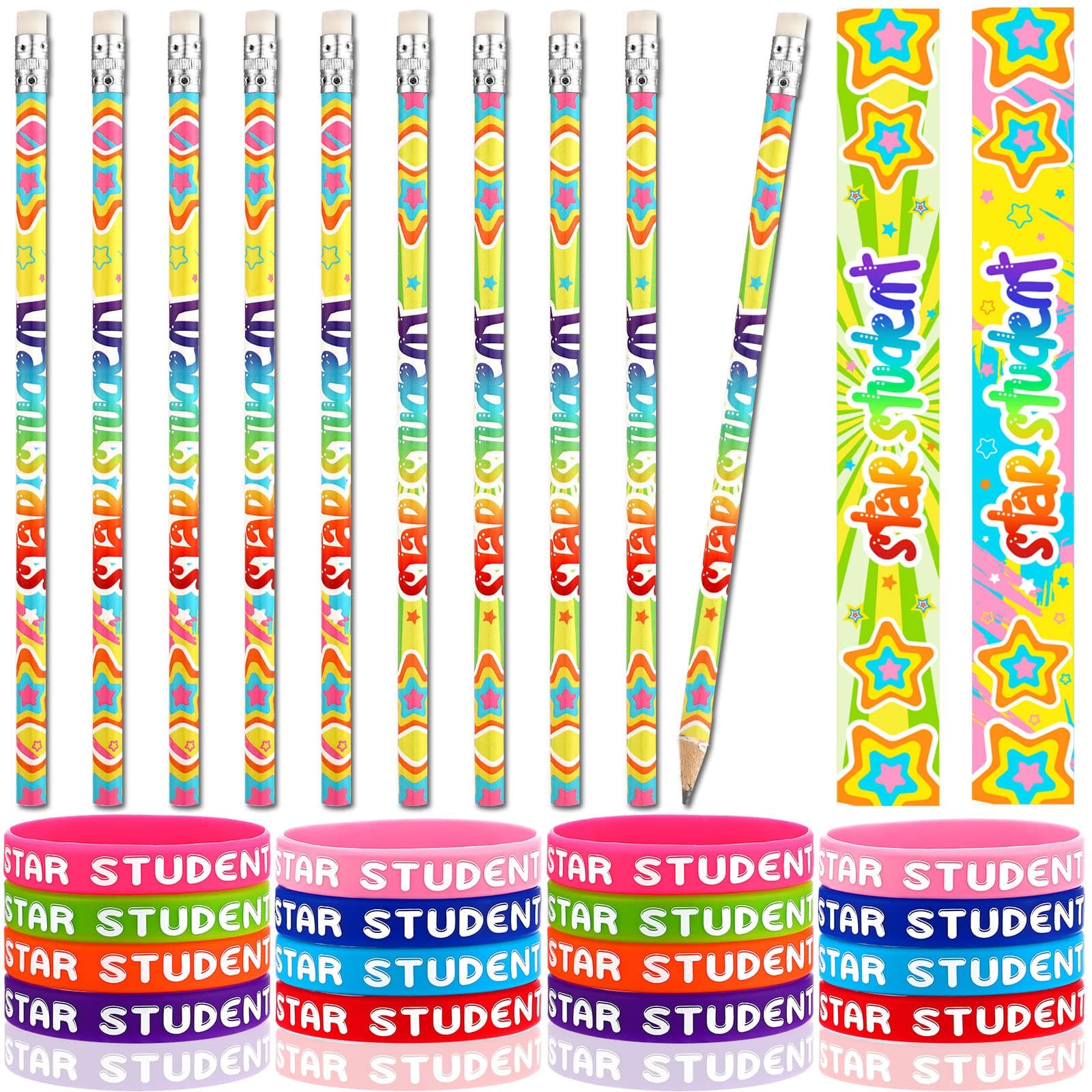 Eaasty 32 Pcs Student Recognition Award 16 Pcs Star Student Wristbands 16 Pcs Student Pencils Happy Birthday Silicone Bracelet Pencils for Kids Classroom School Gifts(Star Style)