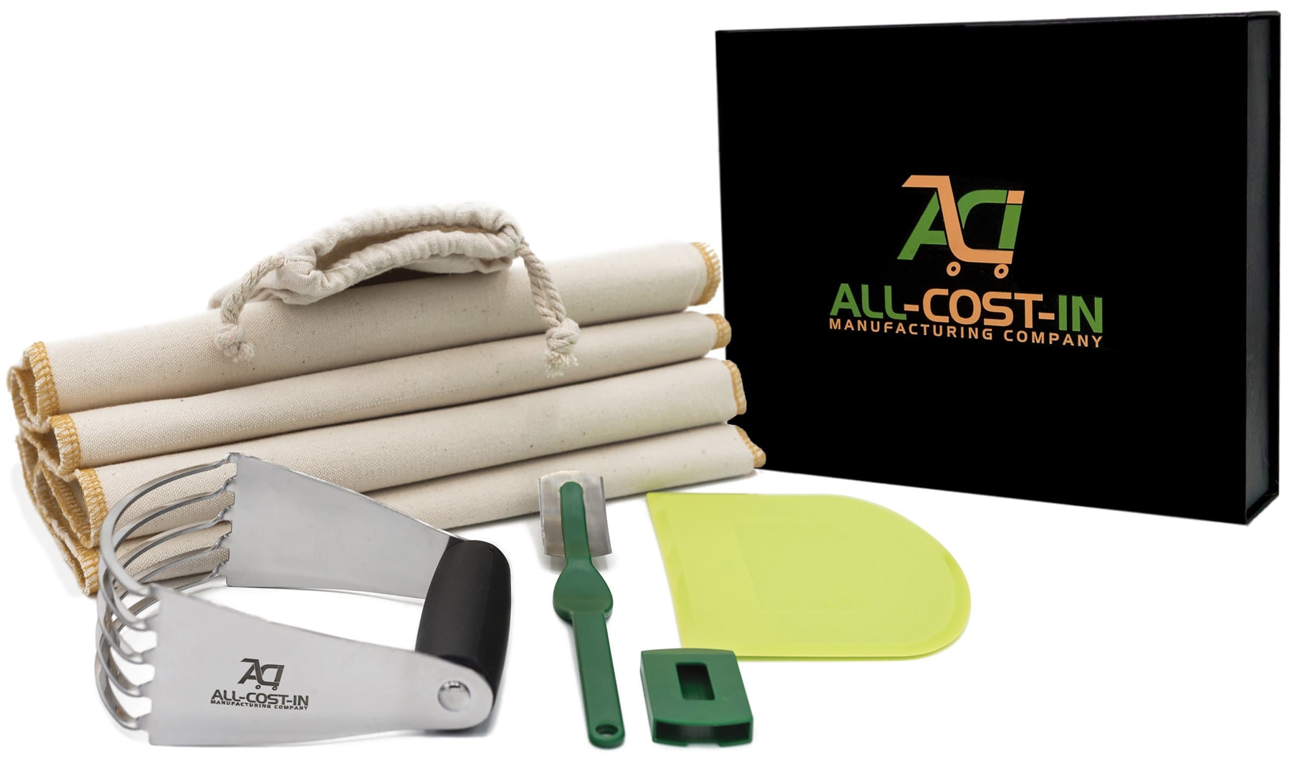 Bread Baking Set: Bread Lame, Bakers Couche with Storage Bag, Plastic Dough Scraper and Cutter, 5 Blades Stainless Steel Dough Blender and Pastry Cutter. Video Instructions How to use the Products