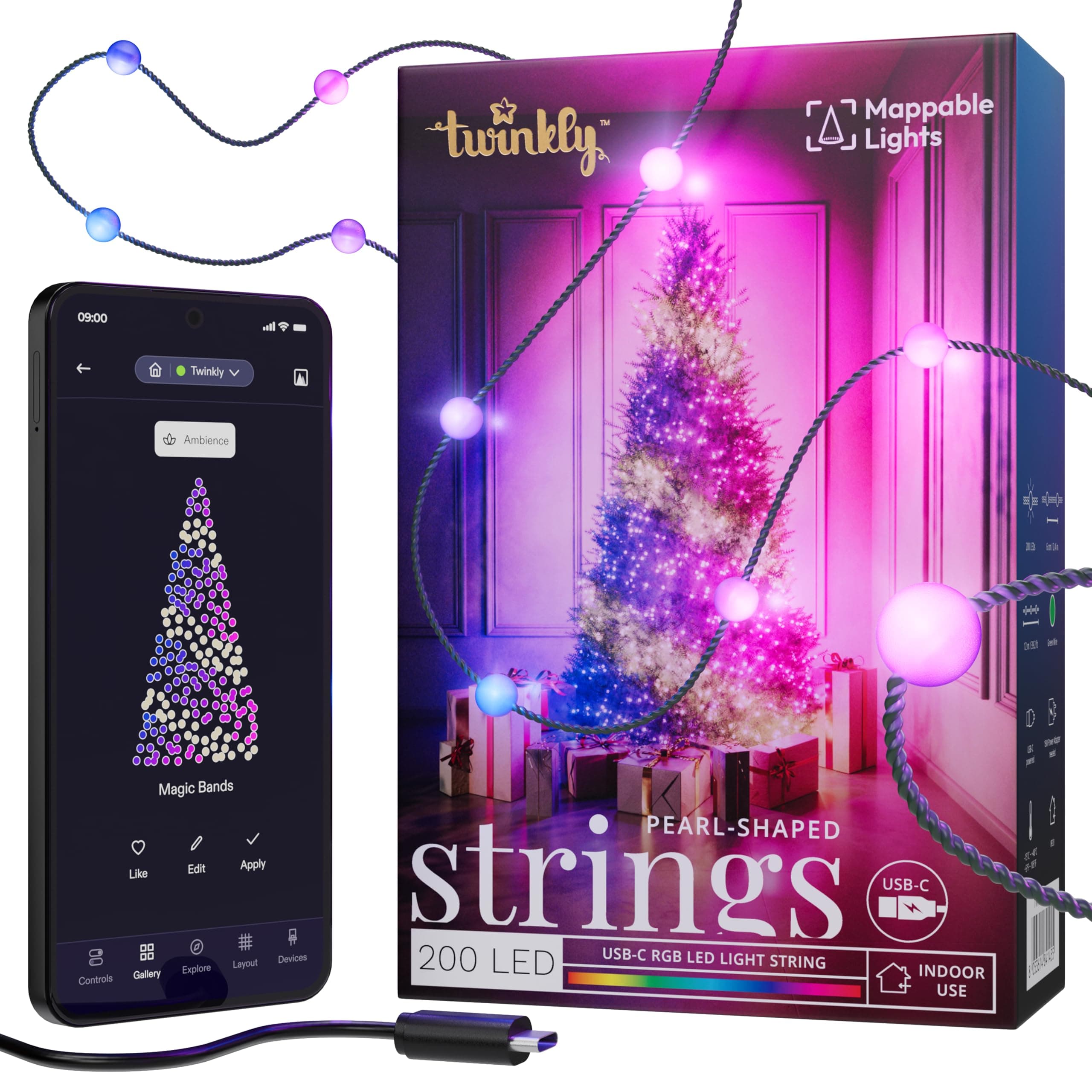 Strings USB-C Pearls 200 LED, Pearl-Shaped LED Light String, Christmas Lights, RGB Multicolor LED Lights, Compatible with Alexa, Google Home, USB-C Power, Green Wire, 39.4ft