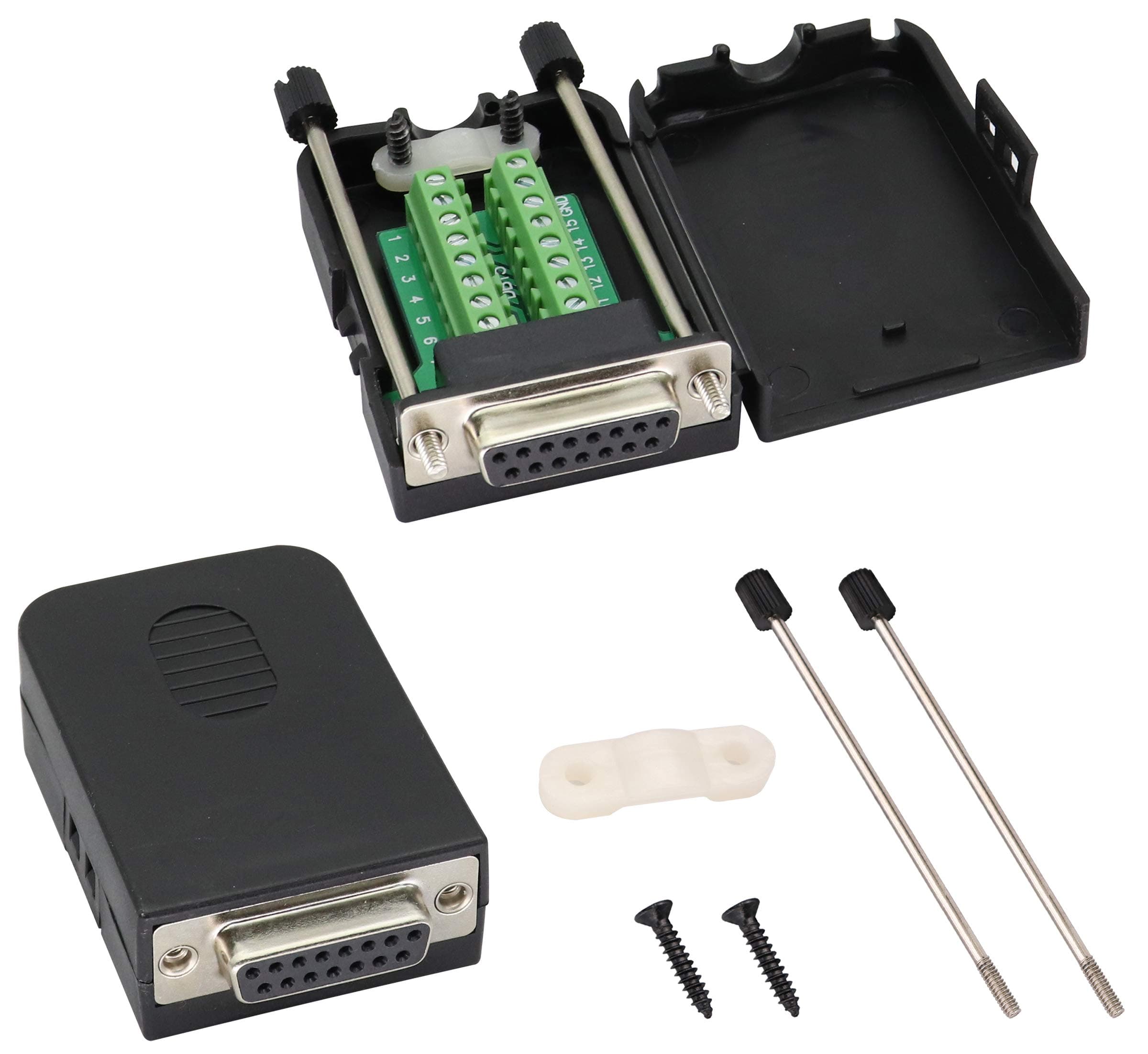 DB15 Screw Terminal Block Adapter D-SUB 15 Pin 2 Row DB15 Female to 16 Pin/Way Female Serial Terminal Breakout Board Connector Signal Module with case (2Pcak/Female)