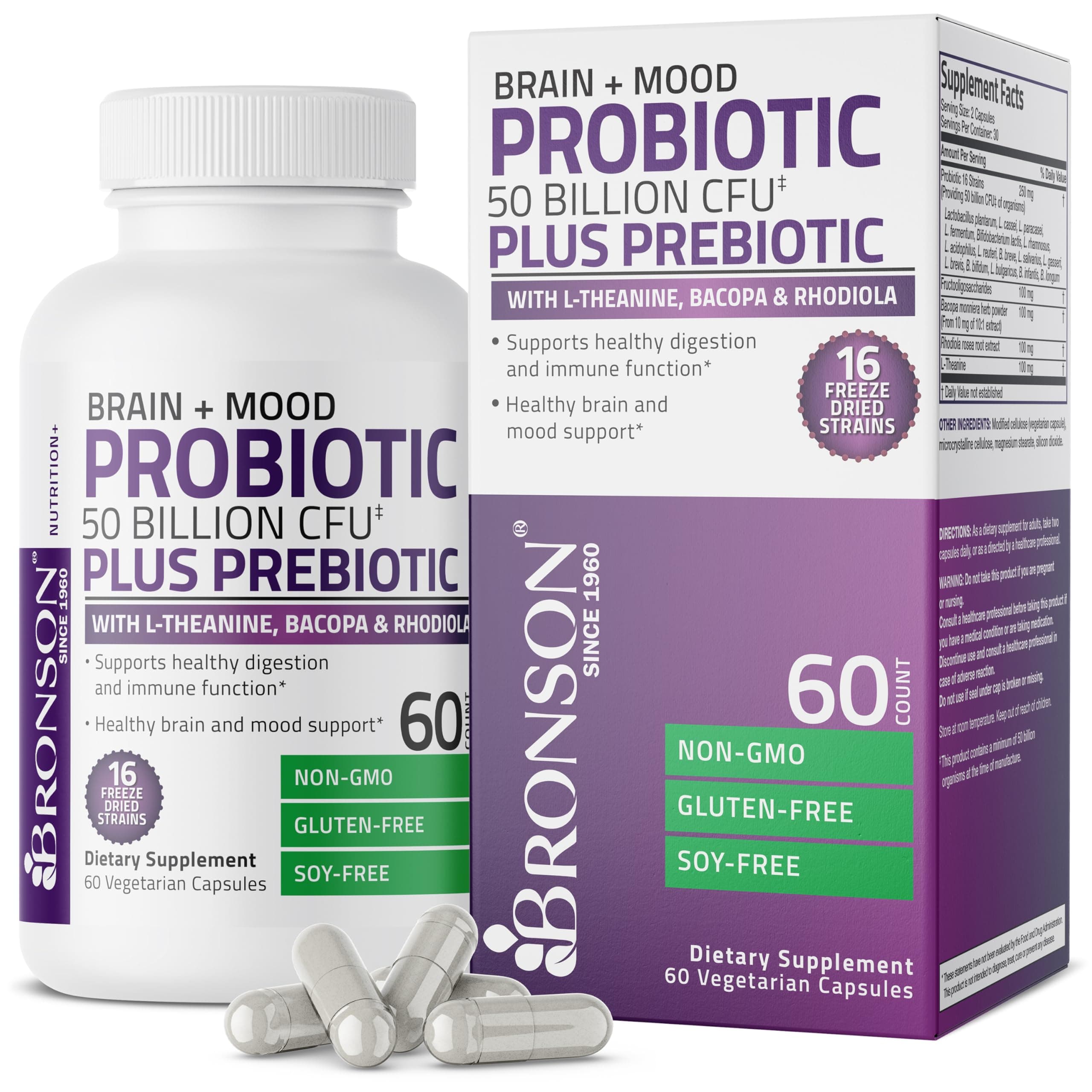 Bronson Brain + Mood Probiotic 50 Billion CFU Plus Prebiotic with L-Theanine, Bacopa and Rhodiola Non-GMO, 60 Vegetarian Capsules