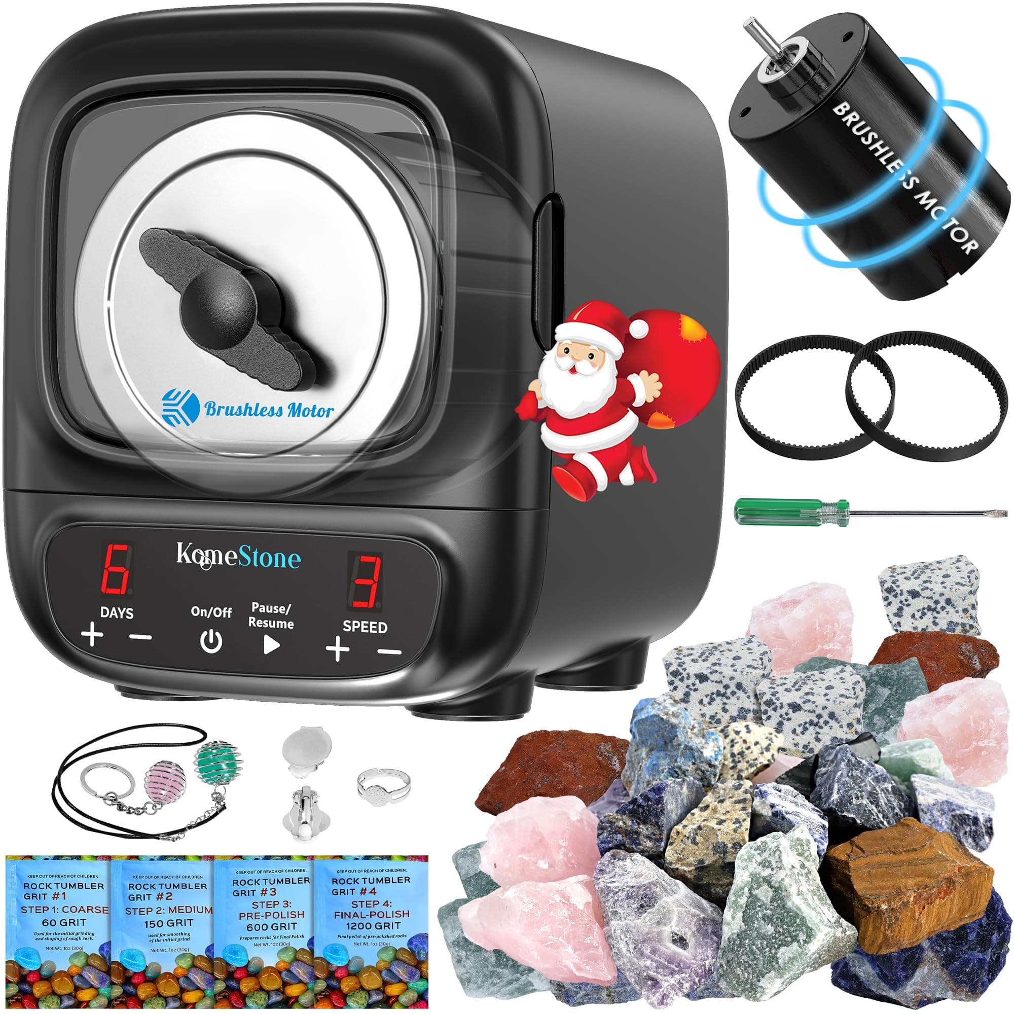 KomeStone K2 Elite Professional Rock Tumbler Kit, Ultra Quiet & Cutting Edge Brushless Motor Rock Polisher for Adults & Rock Collector, Noise-Reduction, Extra Large 3 Lbs Barrel, STEM Gift for All Age