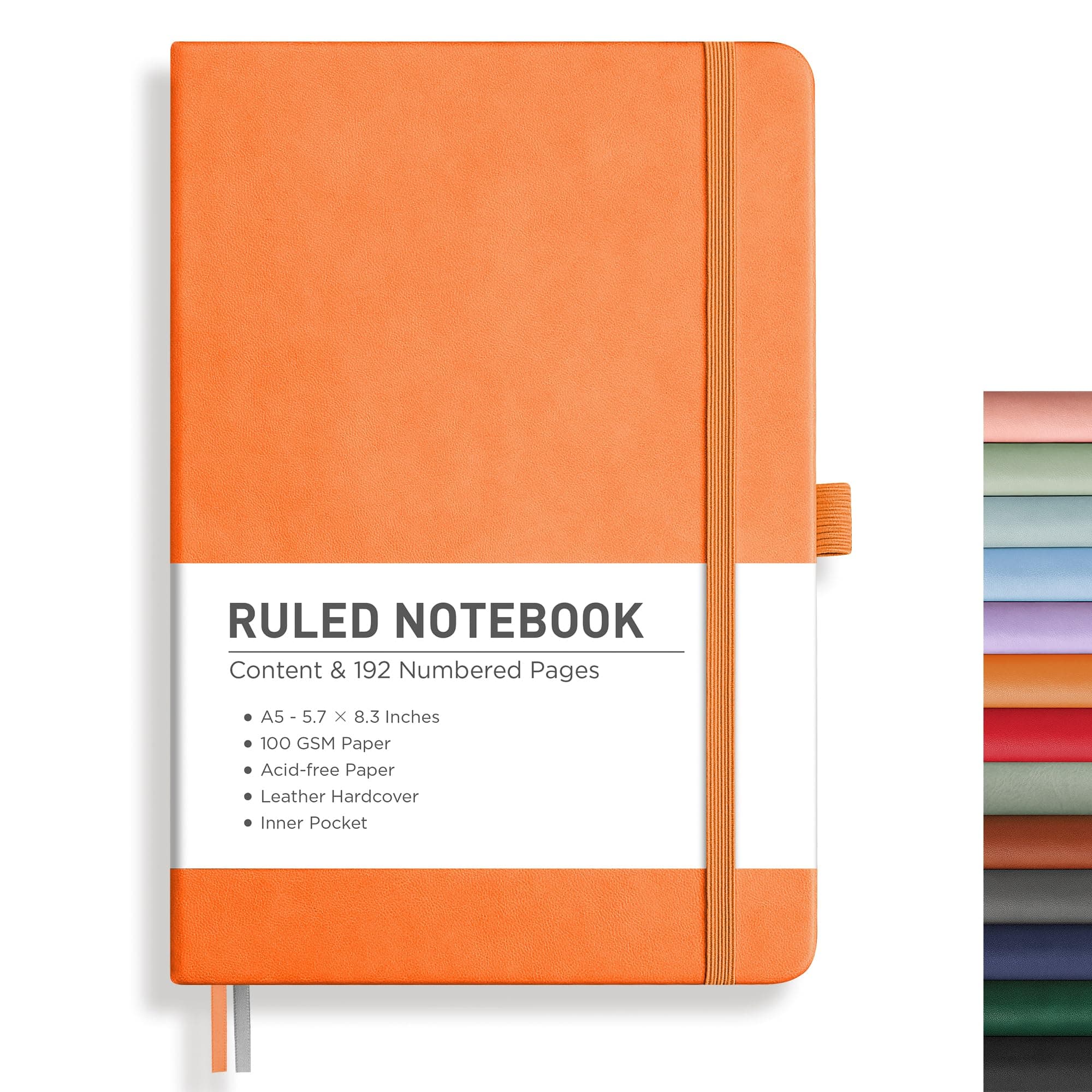 Lined Journal Notebook, 192 Numbered Pages, A5 Medium Size (5.7'' x 8.3''), for Men & Women, Journaling, Writing, Work & Office, Leather Hardcover, 100 GSM Thick Paper (Orange)