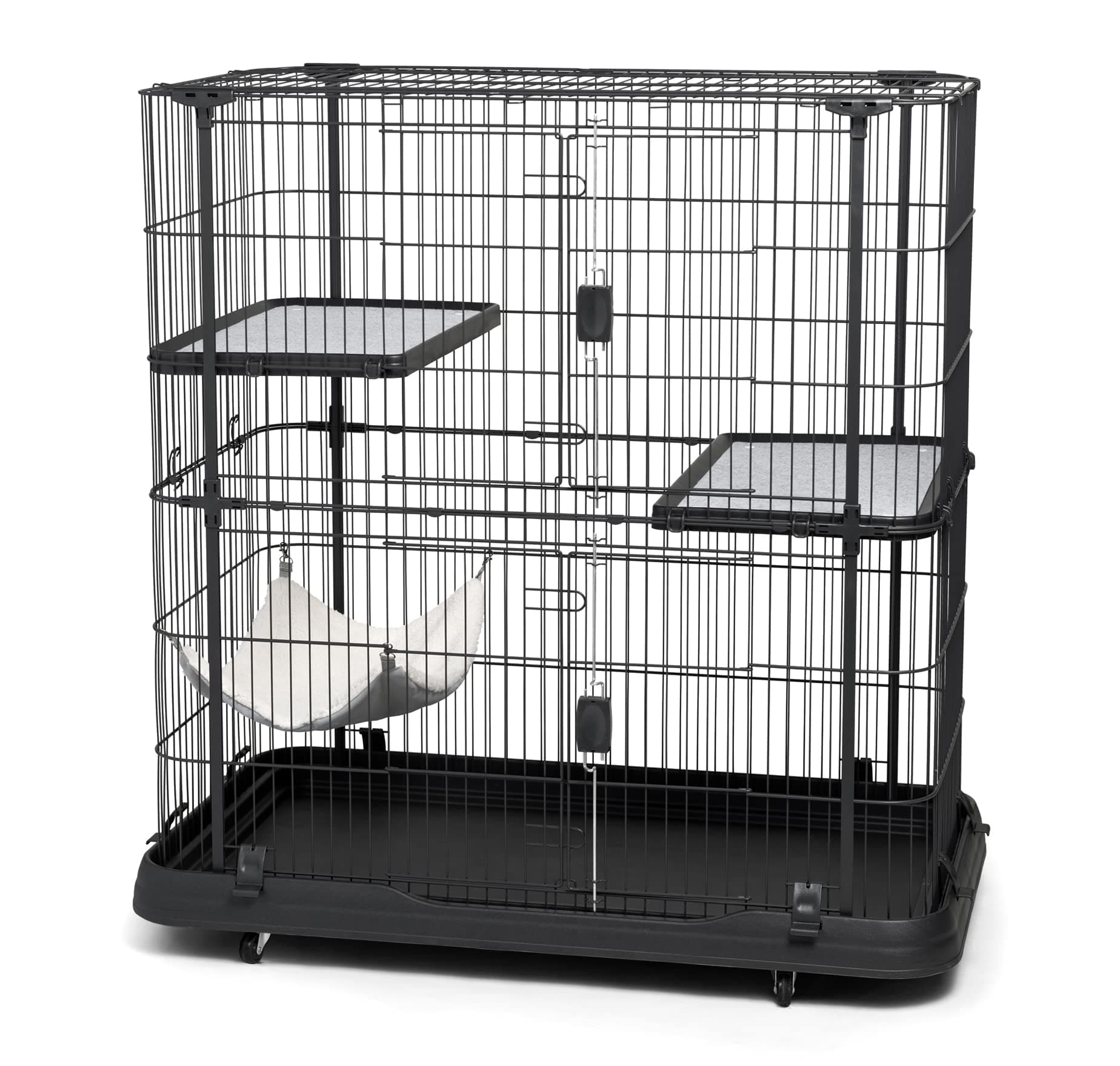 Deluxe Cat Home - Cat Cage Home with 3 Levels, Spacious Indoor Pen, Includes Hammock, Durable & Easy to Clean Kennel, with Rolling Wheel Casters - Black
