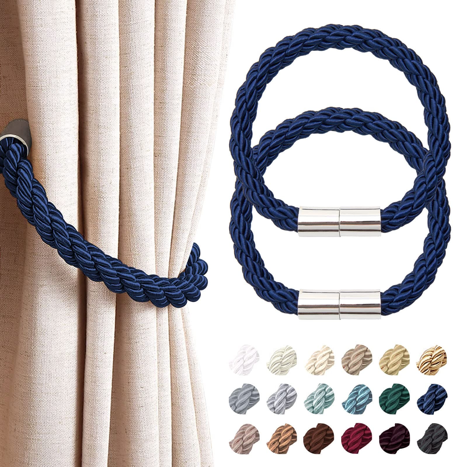 2 Pack Strong Magnetic Curtain Tiebacks Modern Simple Style Drape Tie Backs Convenient Decorative Weave Rope Curtain Holdbacks for Thin or Thick Home & Office Window Draperies (Royal Blue)