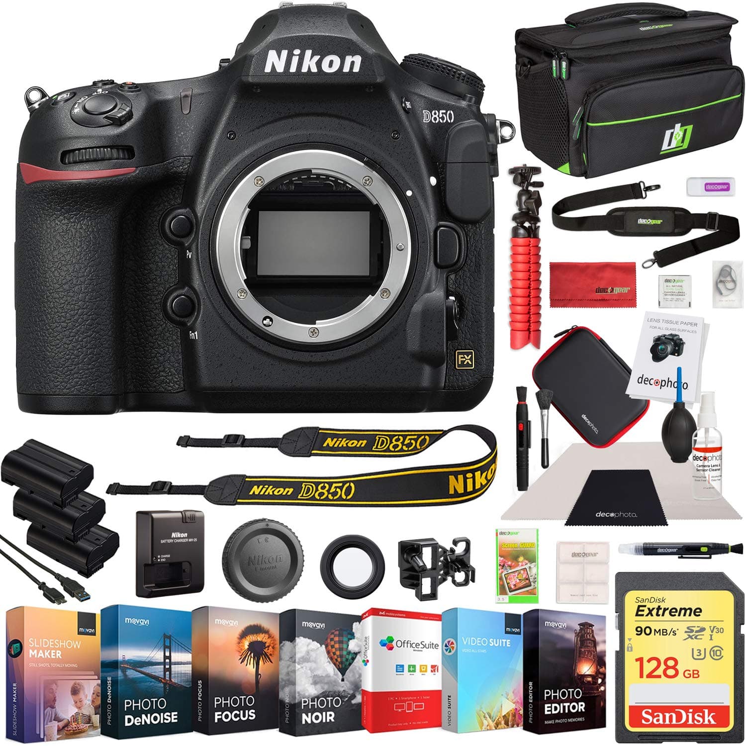 D850 45.7MP Full-Frame FX-Format Digital SLR Camera Body Bundle with 128GB Memory Card, Photo and Video Professional Editing Suite, Camera Bag, Cleaning Kit, 2X Rechargeable Li-Ion Battery