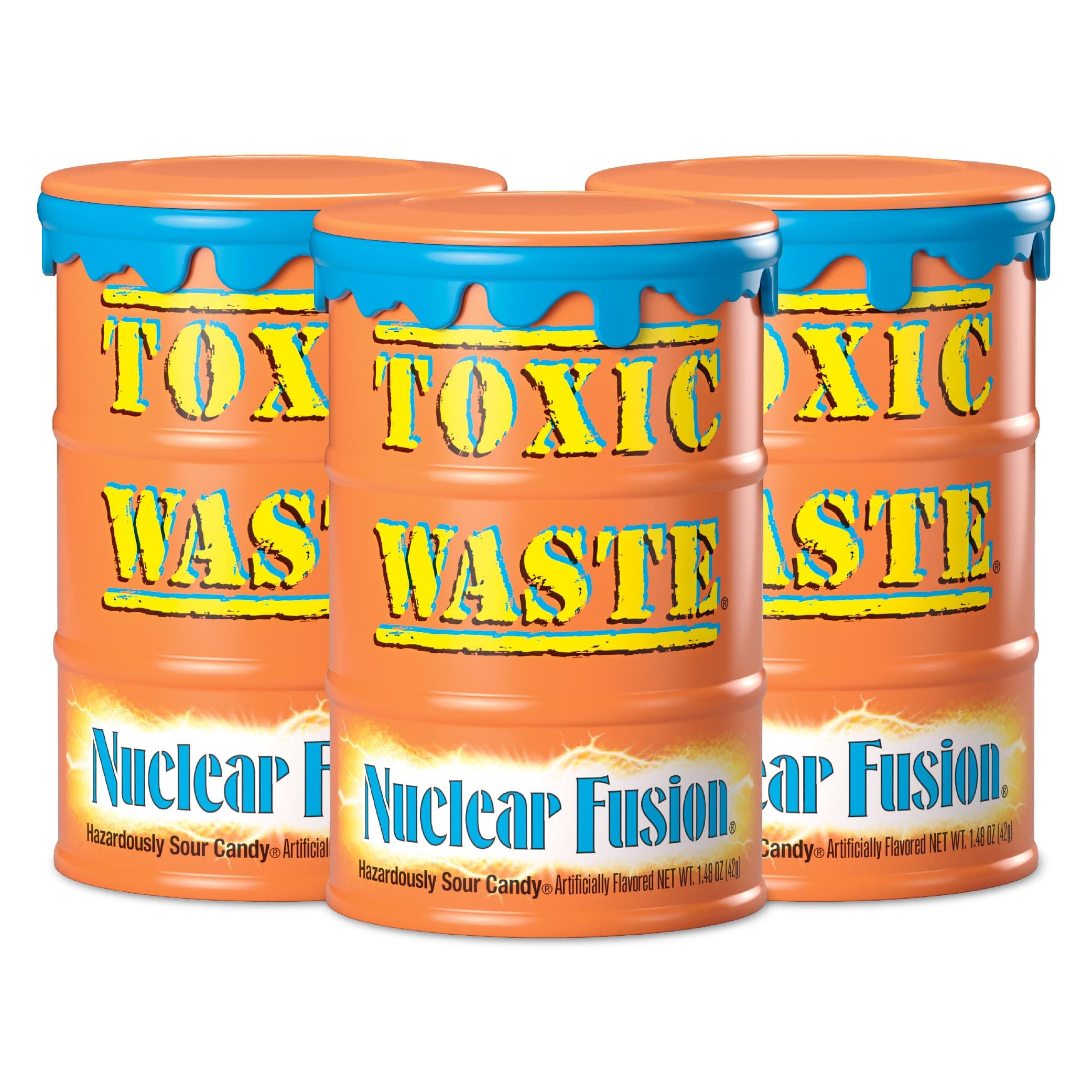 TOXIC WASTE - Nuclear Fusion Hazardously Sour Candy - Raspberry-Lemon, Pineapple-Passionfruit, Grape-Strawberry, Banana-Blueberry, & Orange-Apple Flavors - 1.48 oz. Drums - 3 Pack
