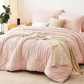 Full Size Comforter Sets with Sheets Seersucker 7 Pieces Blush Pink Bed in a Bag Textured Luxury Soft Bedding Set with Down Alternative Comforter, Sheets, Pillowcases & Shams for All Seasons