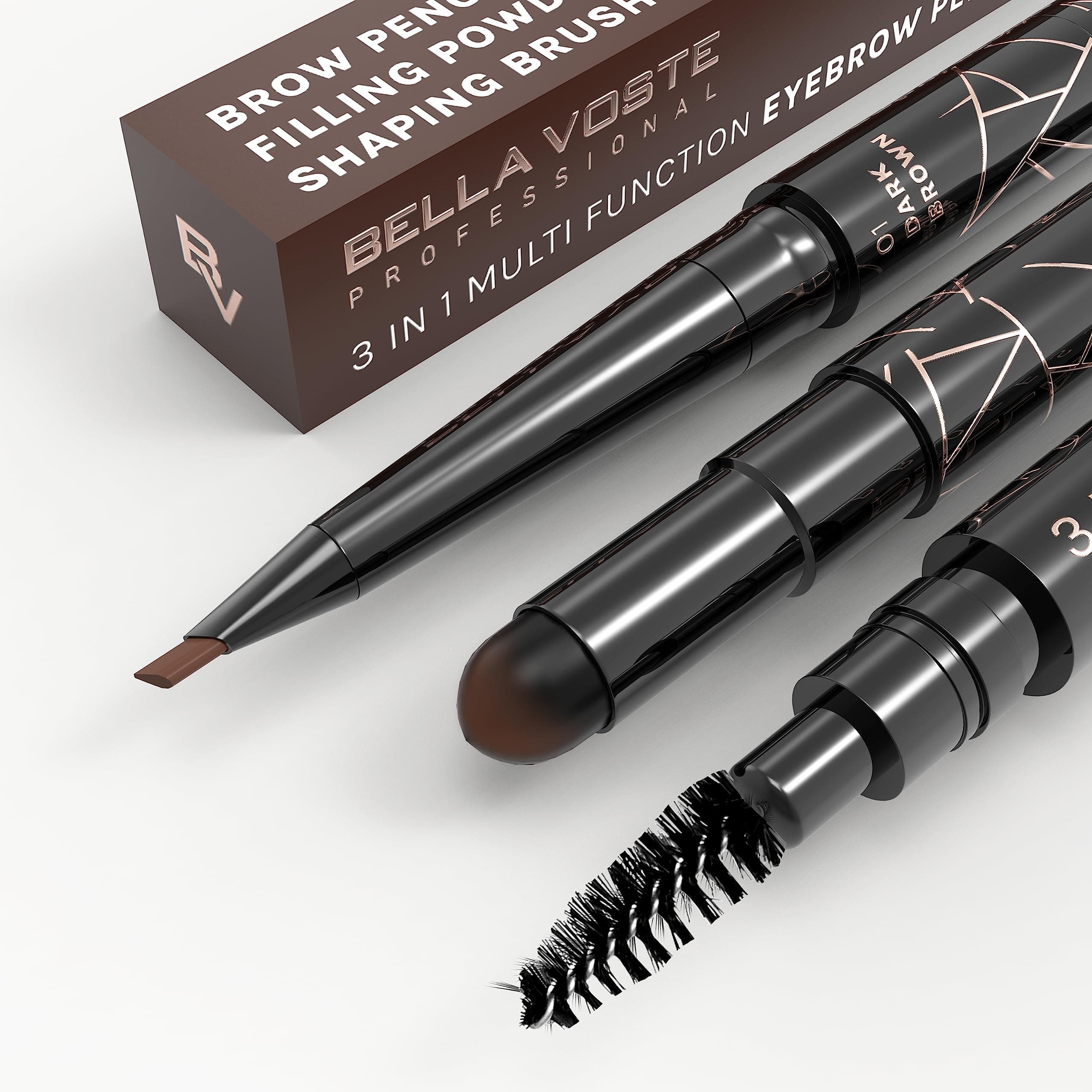 Bella Voste Professional 3-in-1 Eyebrow Pencil - Precise Application, Long-lasting, Natural Look, Brown Color