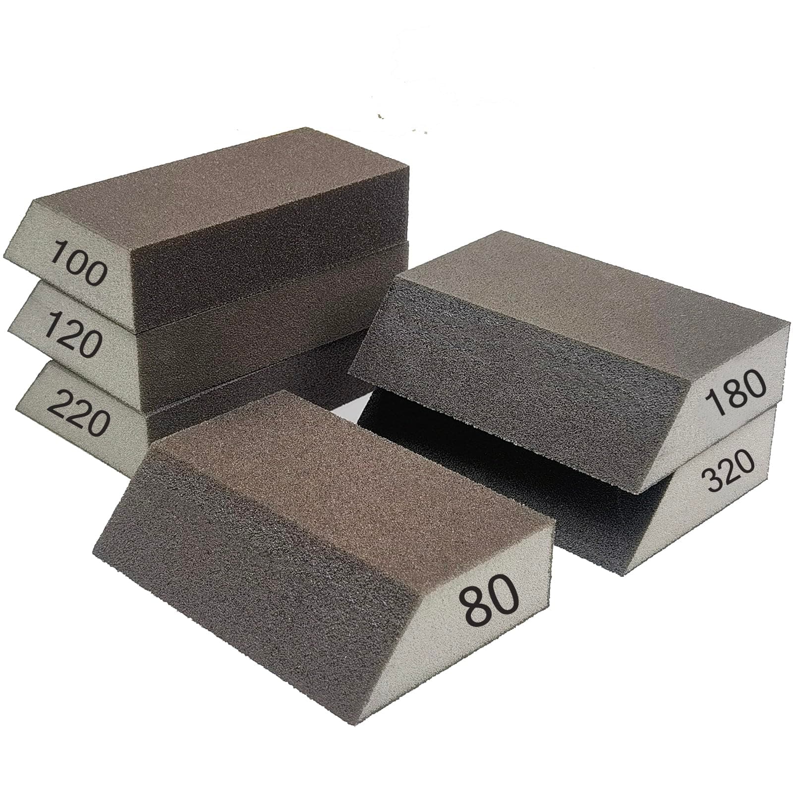 6 PCS Single Sanding Sponge Set - 80/100/120/180/220/320 Grit Sanding Blocks Assortment, Washable and Reusable