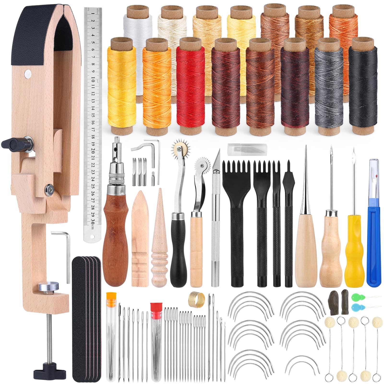 Leather Working Tools Professional Leather Pony Leather Craft Kit with Groover Awl Leather Stitching Punch Tracing Wheel 15 Colors Waxed Thread for Leather Sewing, Leather Repair Kit