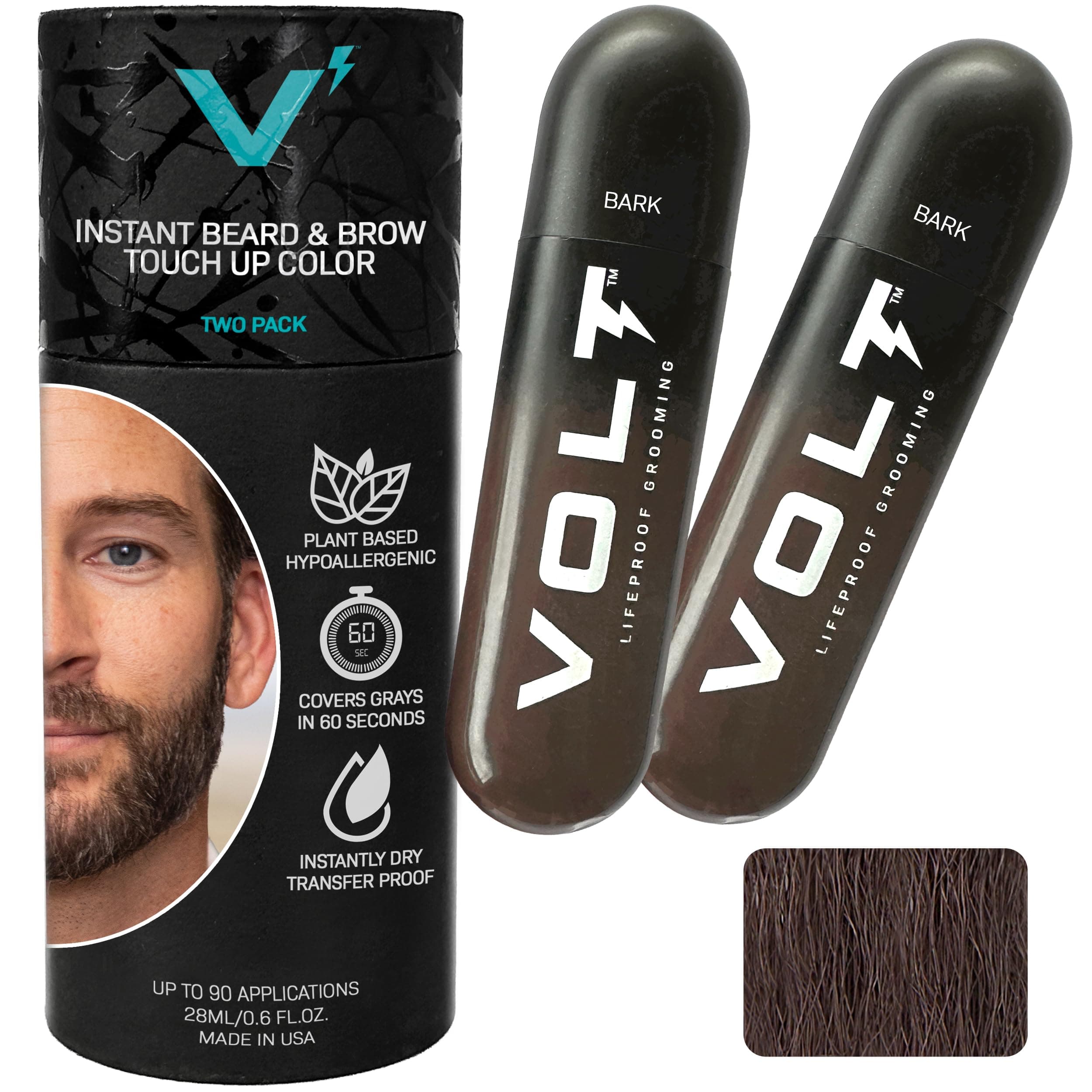Grooming Temporary Instant Beard Color for Men Quick-Dry Plant-Based Brush On Beard, Hair, Mustache & Brow Color, For Sensitive Skin, Bark Dark Brown, 2-Pack Refill, 90+ Applications