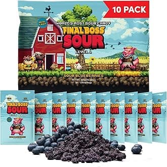 Sour Candy, Sour Blueberries, 10 Pack, Level 1, Fruit Chews with Real Dried Fruit, No Artificial Colors or Flavors, Low Calorie Snack for Kids, Teens, Adults, Lunch Boxes