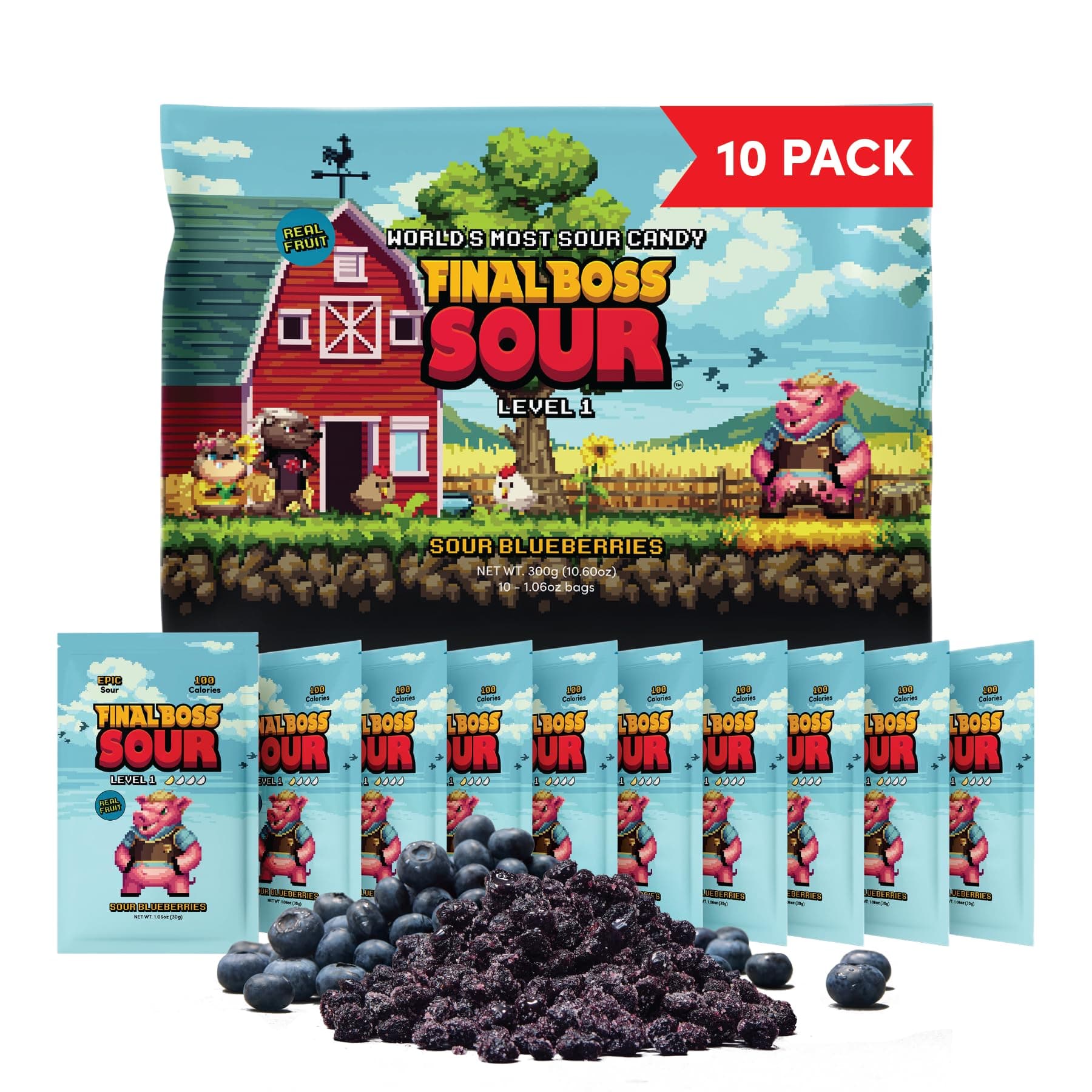 Final Boss Sour Candy, Sour Blueberries, 10 Pack, Level 1, Fruit Chews with Real Dried Fruit, No Artificial Colors or Flavors, Low Calorie Snack for Kids, Teens, Adults, Lunch Boxes
