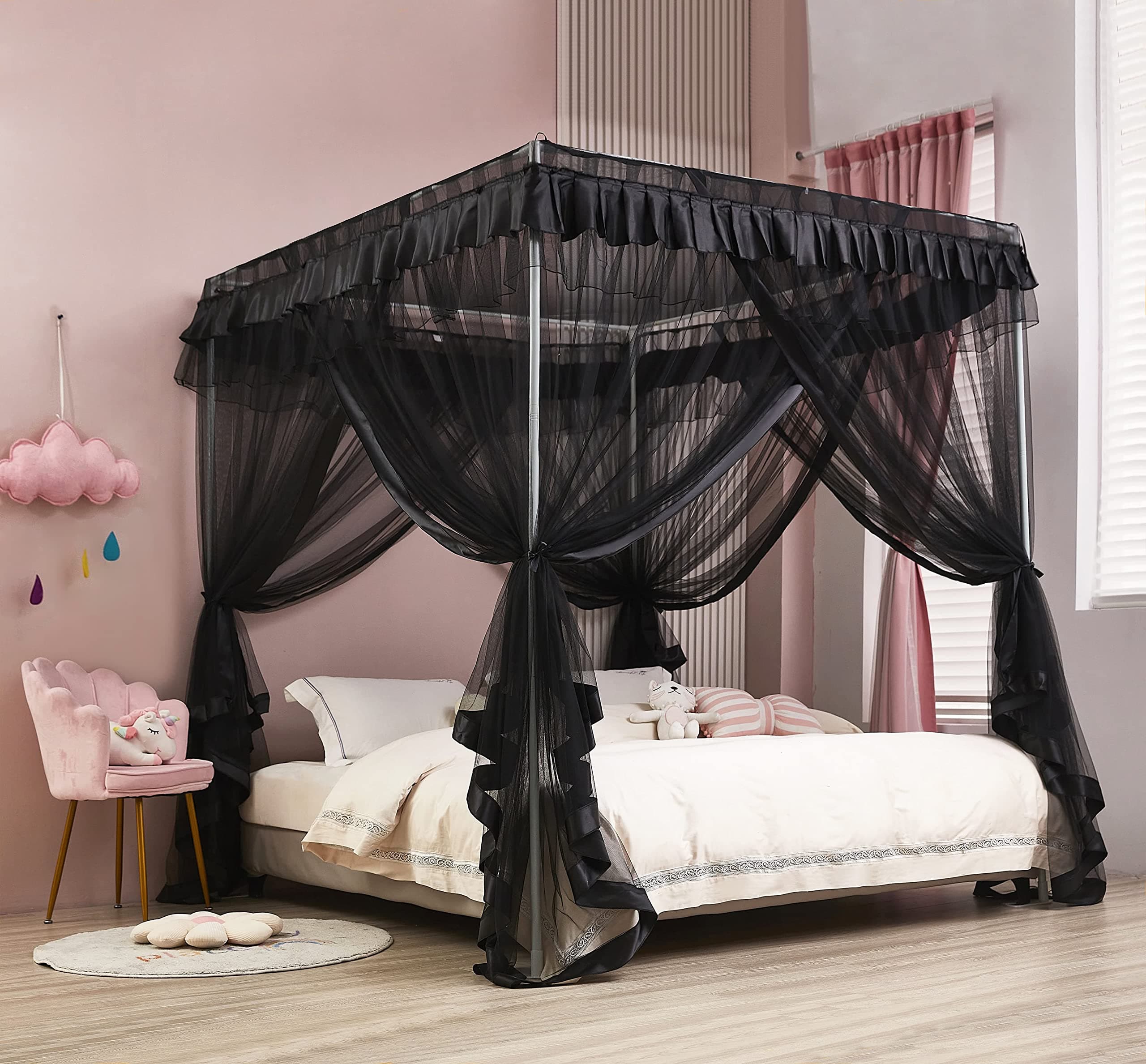 Mengersi Black Bed Canopy, 4 Corner Post Canopy Curtains for King Size Beds