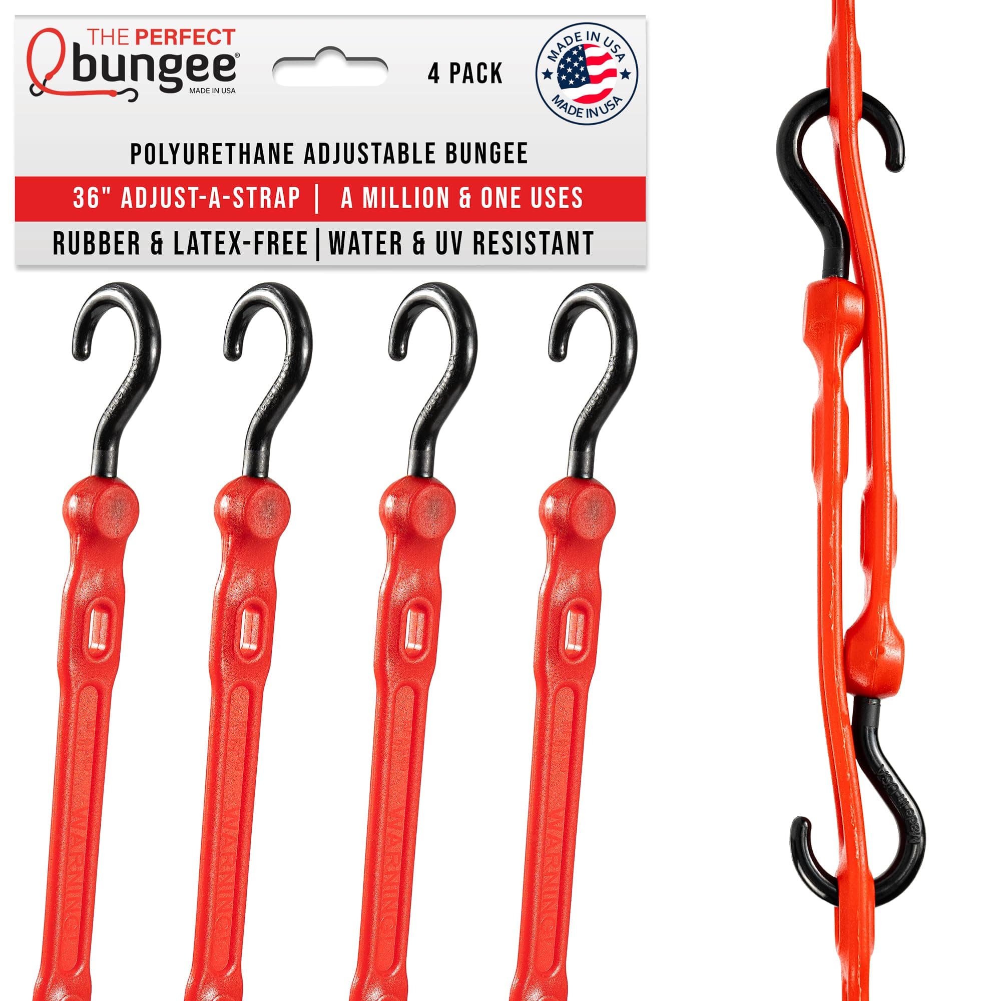 The Perfect Bungee 36" Adjust-A-Strap, Adjustable Heavy Duty Polyurethane Bungee Strap, Heavy Duty Nylon Hooks, Made in the USA, 4 Pack, Red