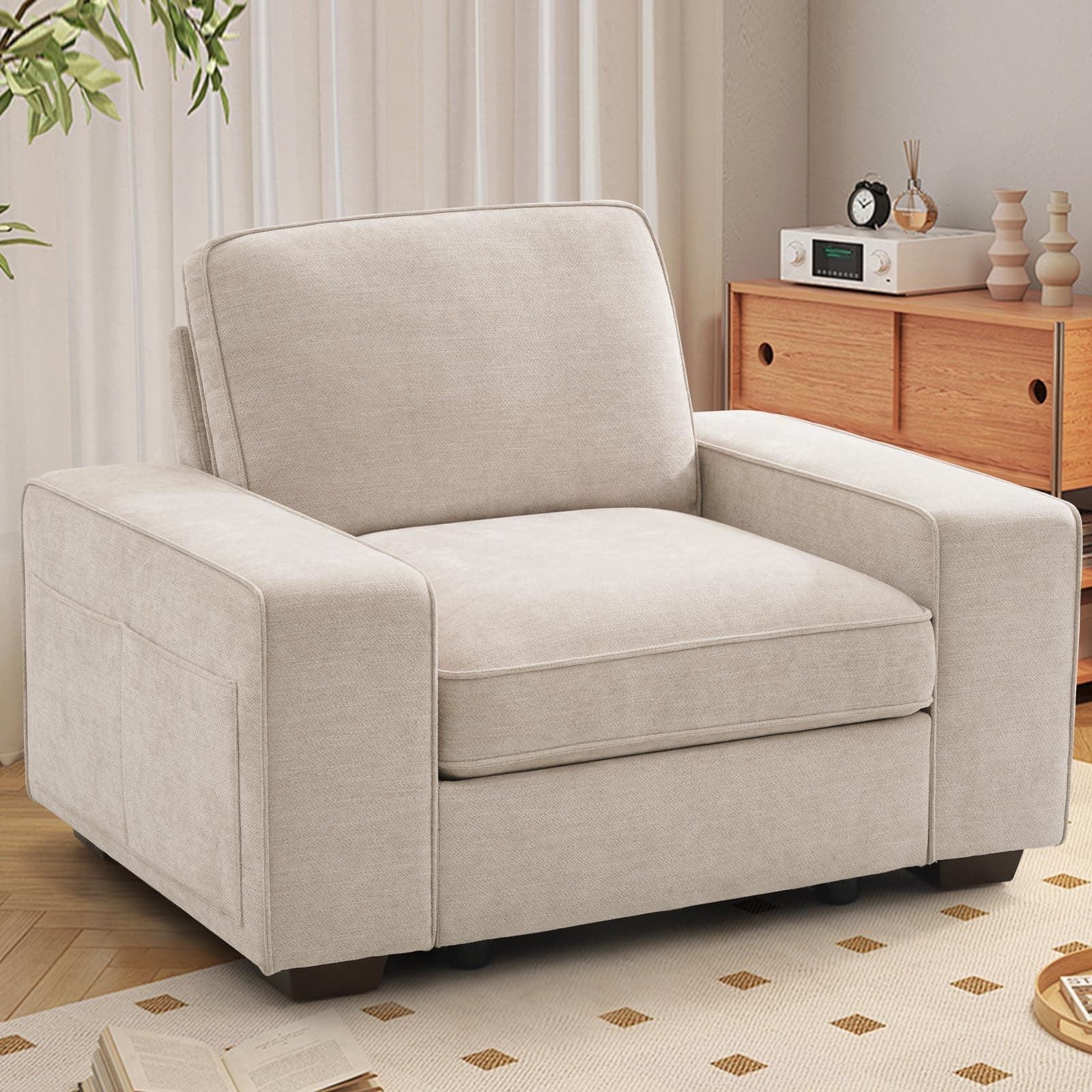 TEKAMON 45" Accent Chair with Seat Storage, Oversized Wide Single Sofa Chair, Modern Chenille Fabric Armchair for Living Room/Office with Wide Armrests, Side Pockets, USB Port, Washable Covers, Beige
