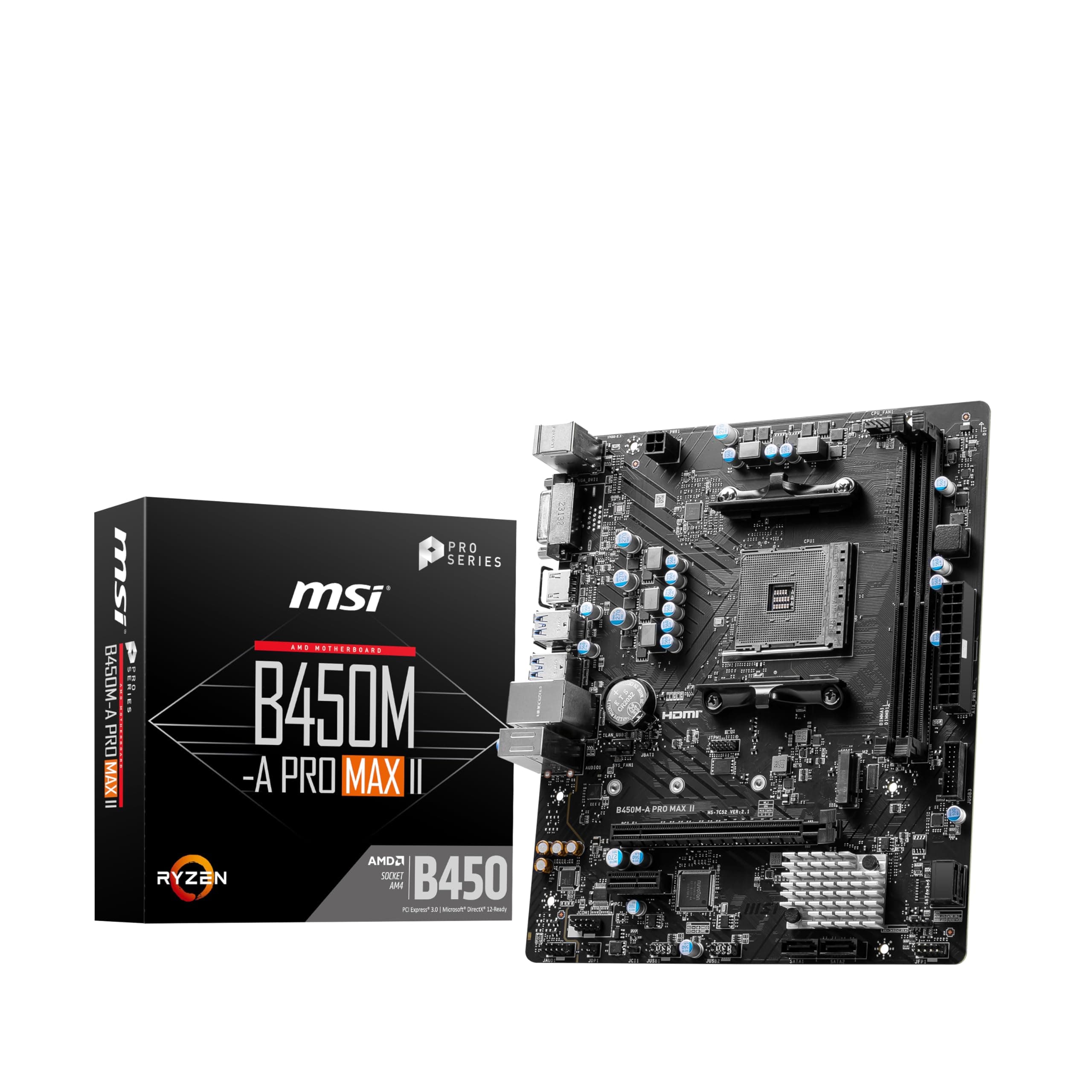MSI B450M-A Pro Max II Motherboard, Micro-ATX - for AMD Ryzen processors 5000, 4000, 3000, 2000, 1000, AM4 - DDR4 Memory Boost 4133+MHz/OC, PCIe 3.0 x16 Slot, M.2 Gen3 Slot, 2.5G LAN