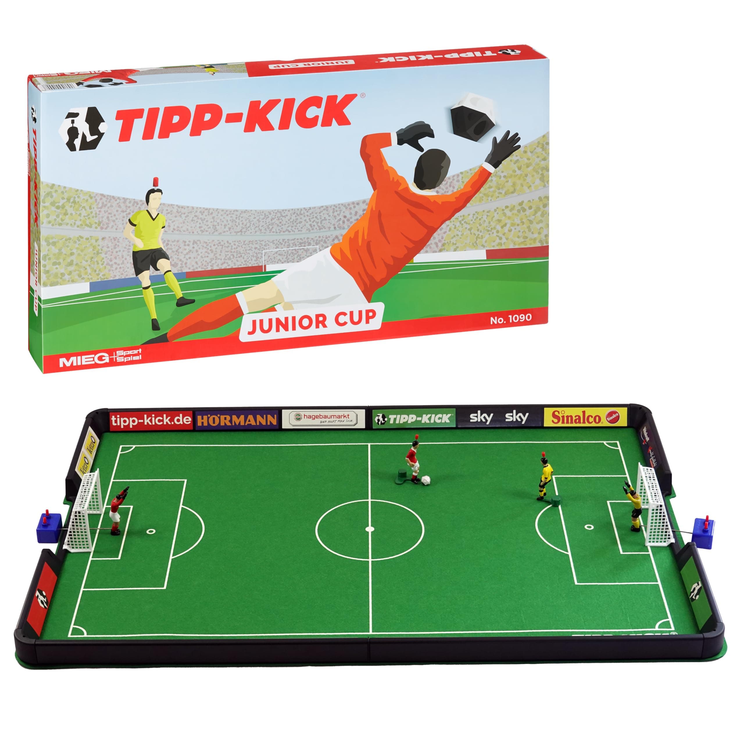 TIPP-KICK Junior Cup with board 80x56 cm - ready-to-play set with 2 x players, 2 x goalkeeper, 2 x plastic goal, 2 x ball I felt playing field